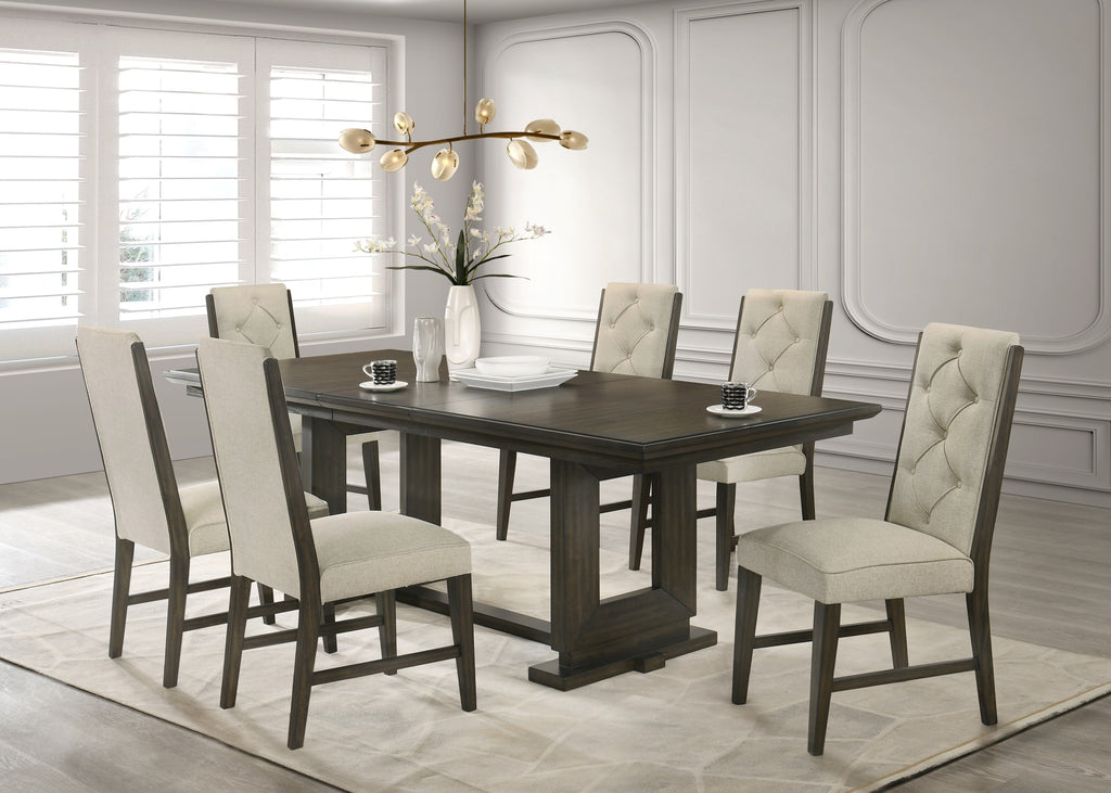 7pc Rectangular Extendable 18' Leaf Dining Table Trestle / Pedestal Base Beige Fabric Upholstered Button Tufted Chairs Wooden Dining Room Furniture Contemporary Modern Espresso Dark Brown Finish