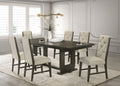 7pc Rectangular Extendable 18' Leaf Dining Table Trestle / Pedestal Base Beige Fabric Upholstered Button Tufted Chairs Wooden Dining Room Furniture Contemporary Modern Espresso Dark Brown Finish