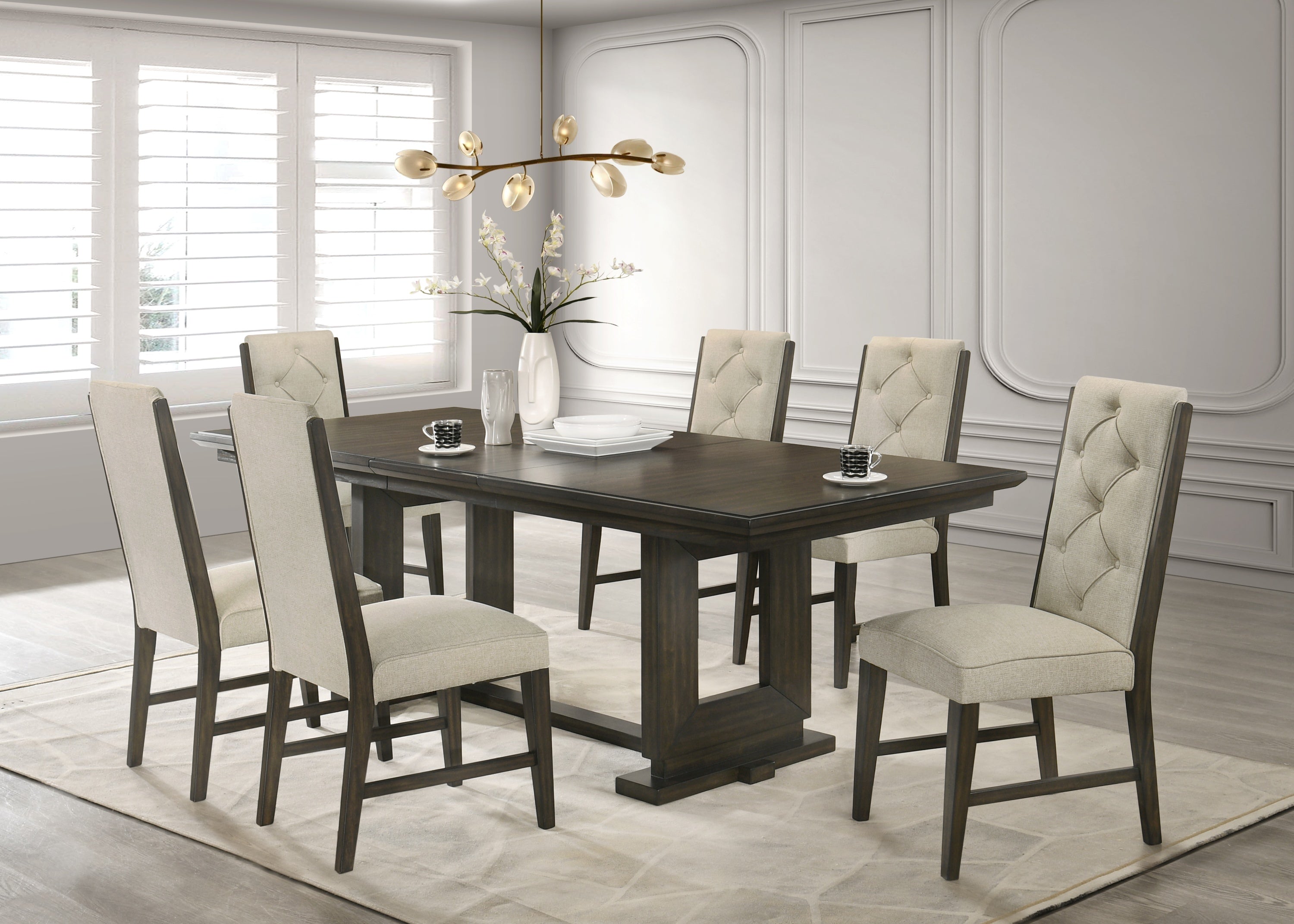 7pc Rectangular Extendable 18' Leaf Dining Table Trestle / Pedestal Base Beige Fabric Upholstered Button Tufted Chairs Wooden Dining Room Furniture Contemporary Modern Espresso Dark Brown Finish