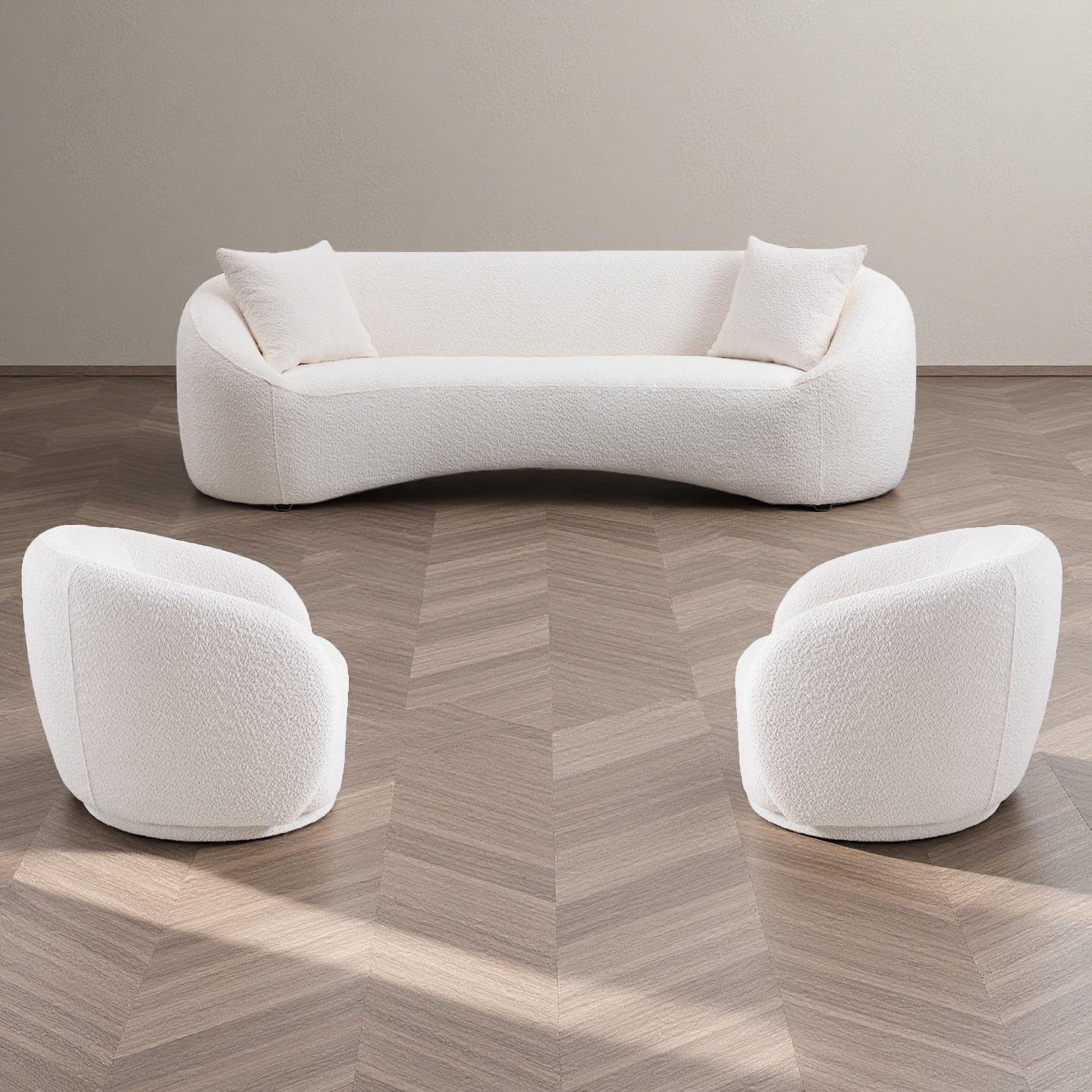 3+1+1, 93.31' Minimalist Curved Sofa, 3 Seater, White Boucle Fleece Upholstered Sofa, Tight Curved Back Cloud Couch for Living Room  Apartment Office, White