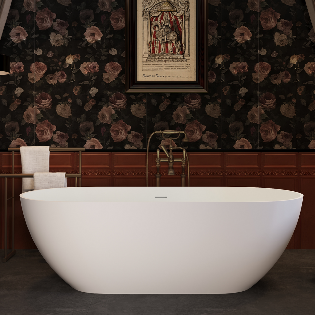 69' Freestanding Solid Surface Bathtub, Luxury Handcrafted Stone Resin Freestanding Soaking Bathtub with Overflow and Pop-up Drain, Matte White 24S03-69MW