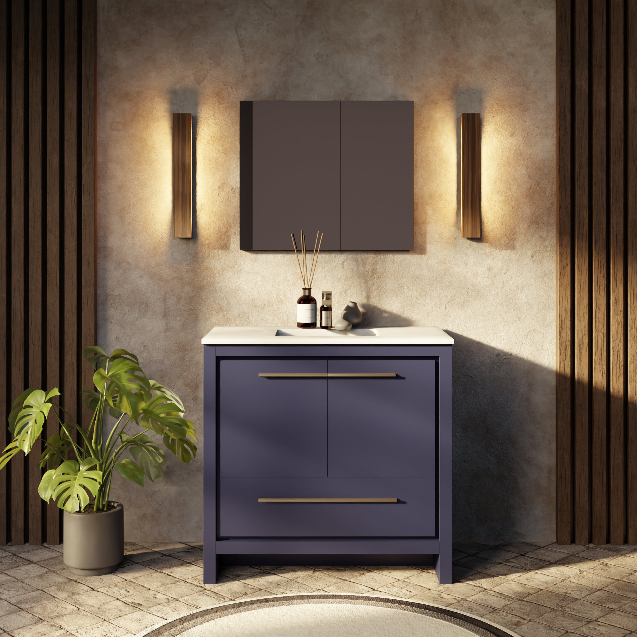 Navy Blue Bath Vanity 36 in. W x 20 in. D, Cultured Marble Top and 28 in. Mirror