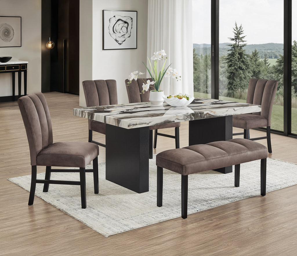 6pc Beautiful Black/Brown Faux Marble Dining Set Square Table Upholstered Gently Curved Chair Bench Dining Room Wooden Furniture Black, Brown, Mocha, Beige
