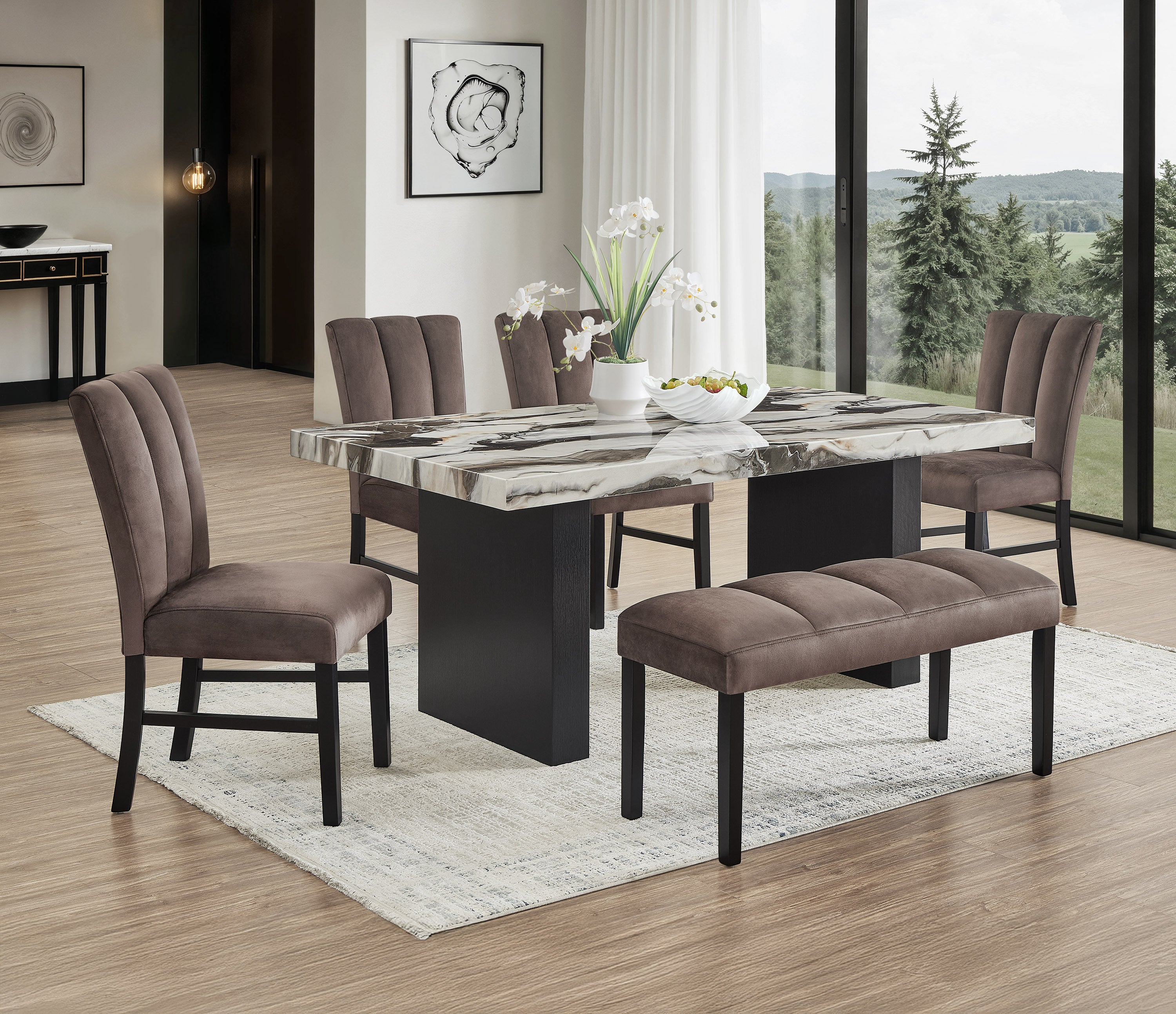 6pc Beautiful Black/Brown Faux Marble Dining Set Square Table Upholstered Gently Curved Chair Bench Dining Room Wooden Furniture Black, Brown, Mocha, Beige