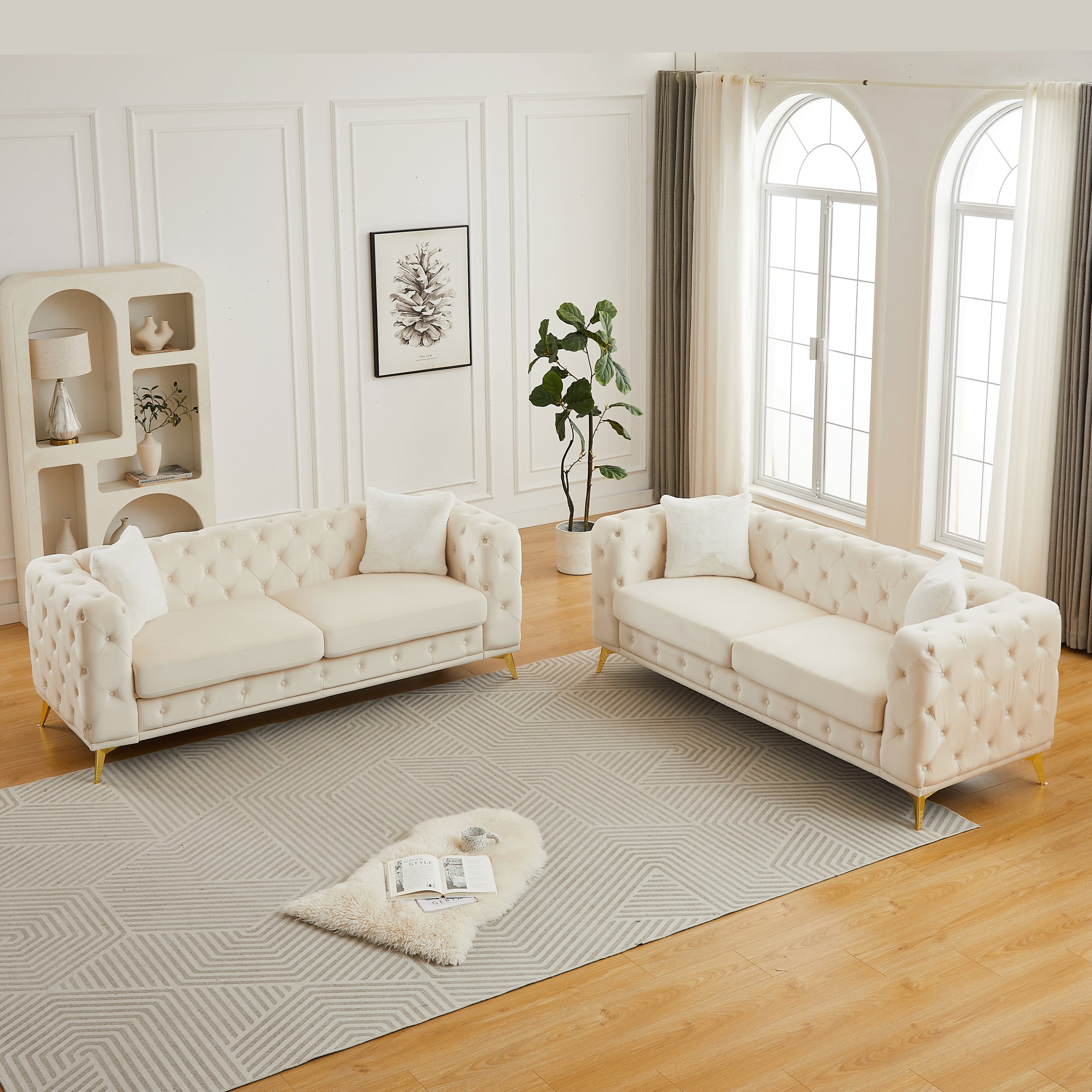 FX 3 seater + 3 seater combo sofa Velvet modern living room sofa with solid wood frame and metal feet, 4 cushions, apartment sofa furniture for living room, living room, office