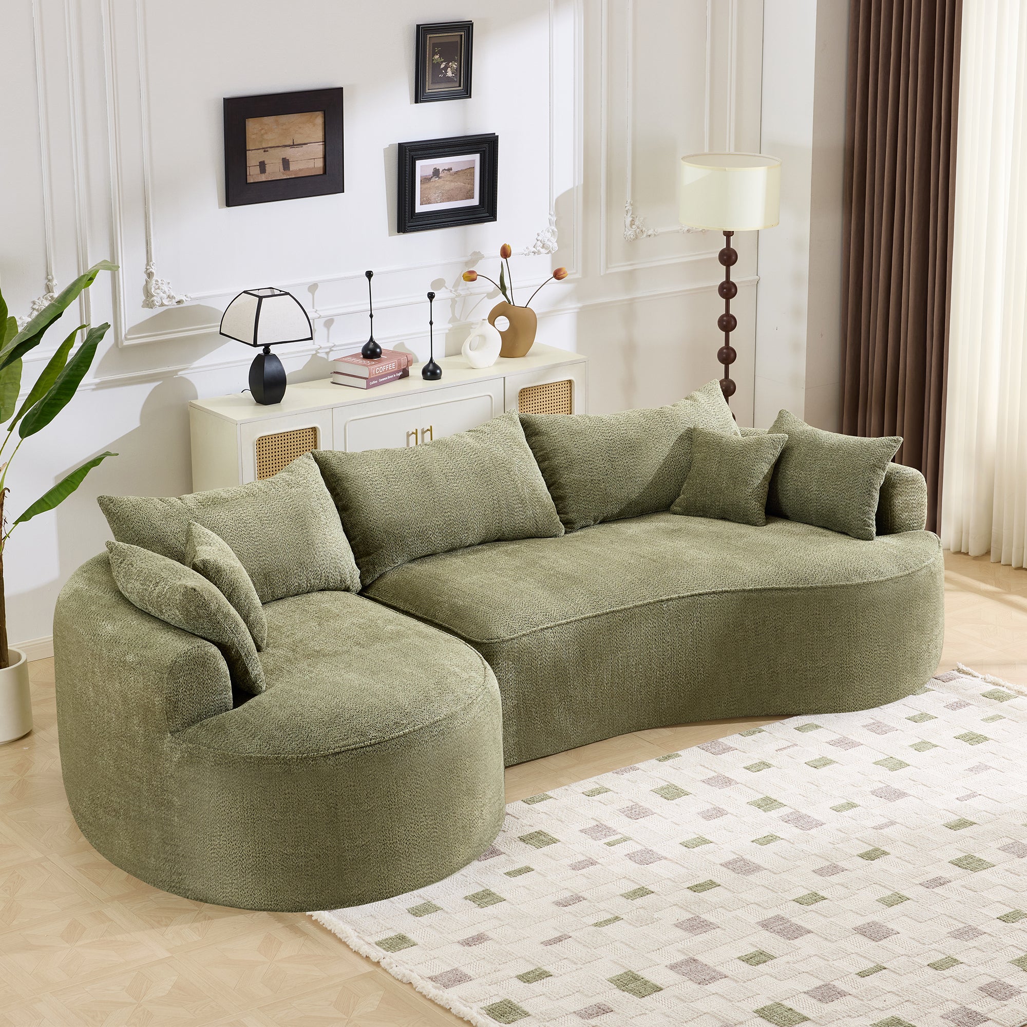 124.5-inch modern compressed boneless sofa, made of green chenille fabric, comes with 3 back pillows and 4 throw pillows. The high-resilience sponge provides a comfortable  experience.No assembly