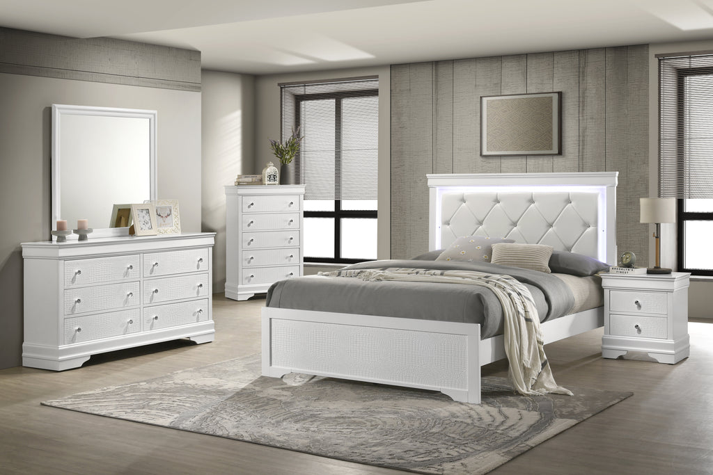 Blaze Upholstered Modern Style 5 Pc Twin Bedroom Set with LED Headboard Made with Wood in White(CA WAREHOUSE)