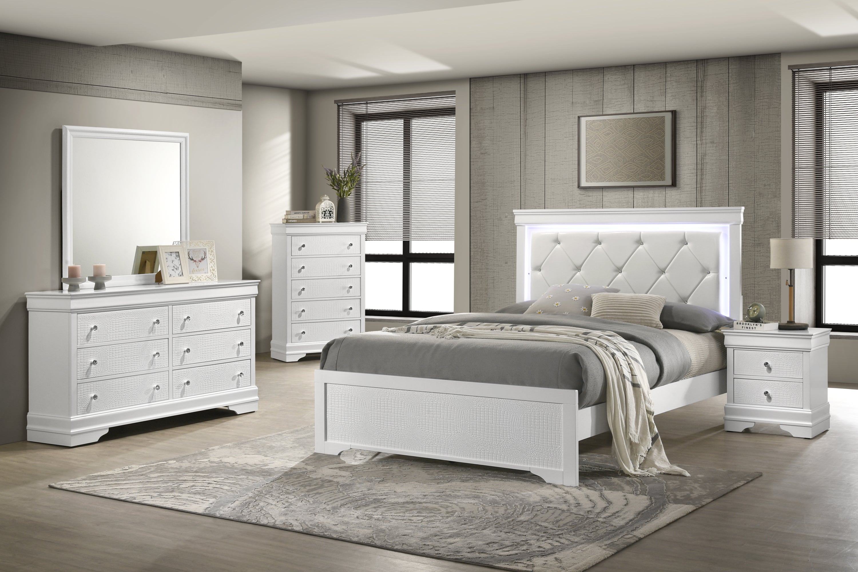 Blaze Upholstered Modern Style 5 Pc Queen Bedroom Set with LED Headboard Made with Wood in White(NJ INVENTORY)