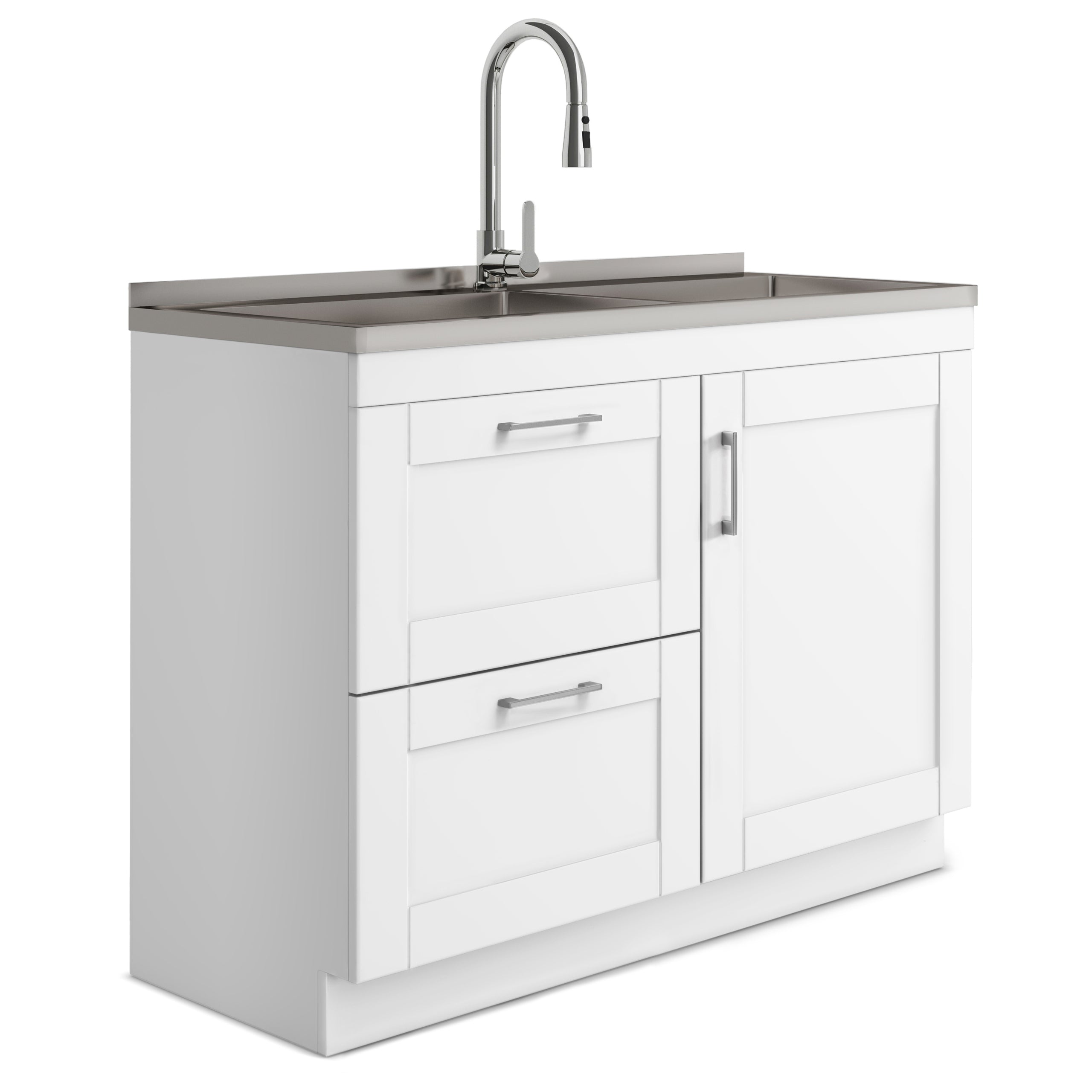 Modern Wide Shaker - 46' Laundry Cabinet with Faucet and Stainless Steel Sink - White