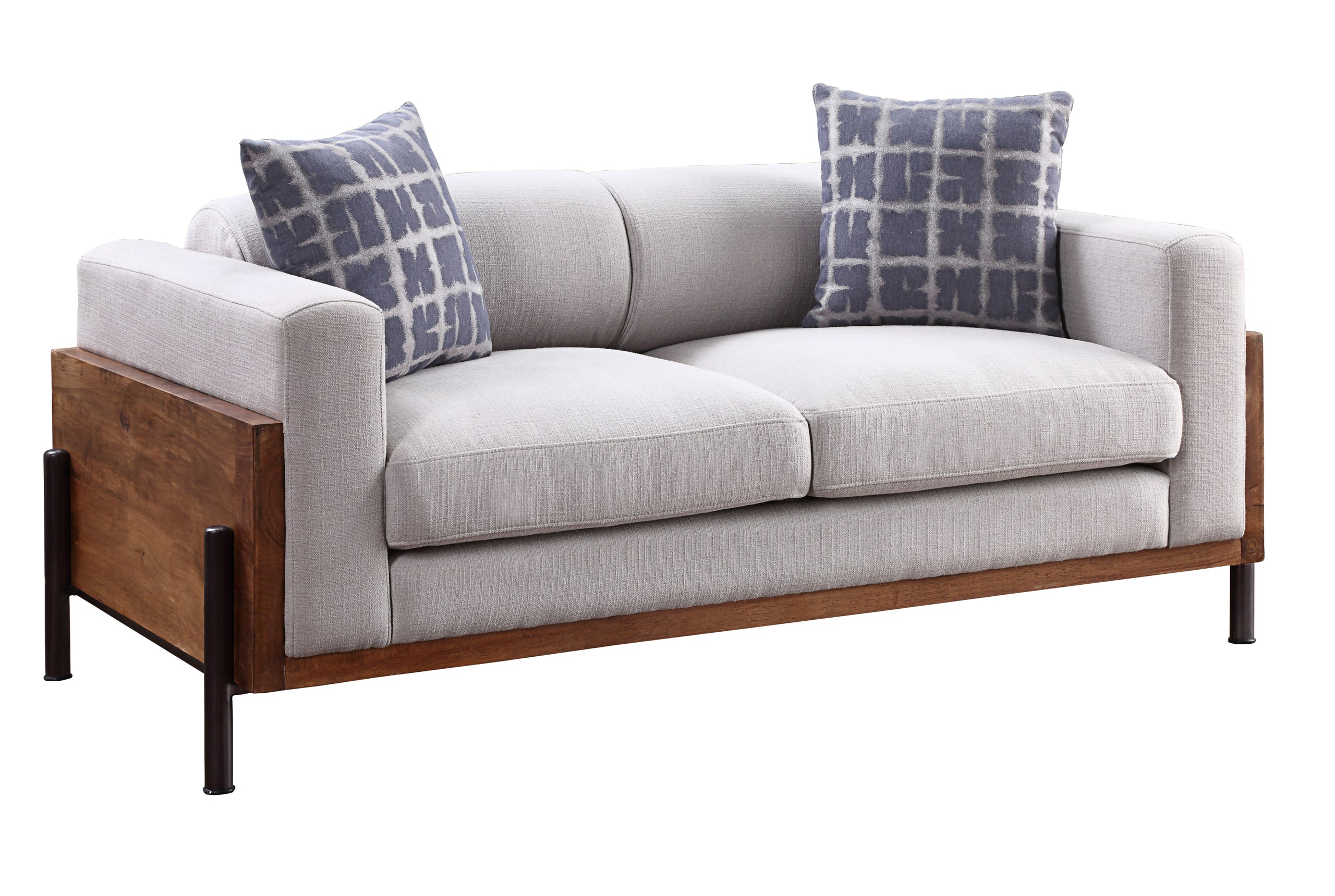 Pelton Fabric & Walnut Finish Loveseat w/ 2 Toss Pillows