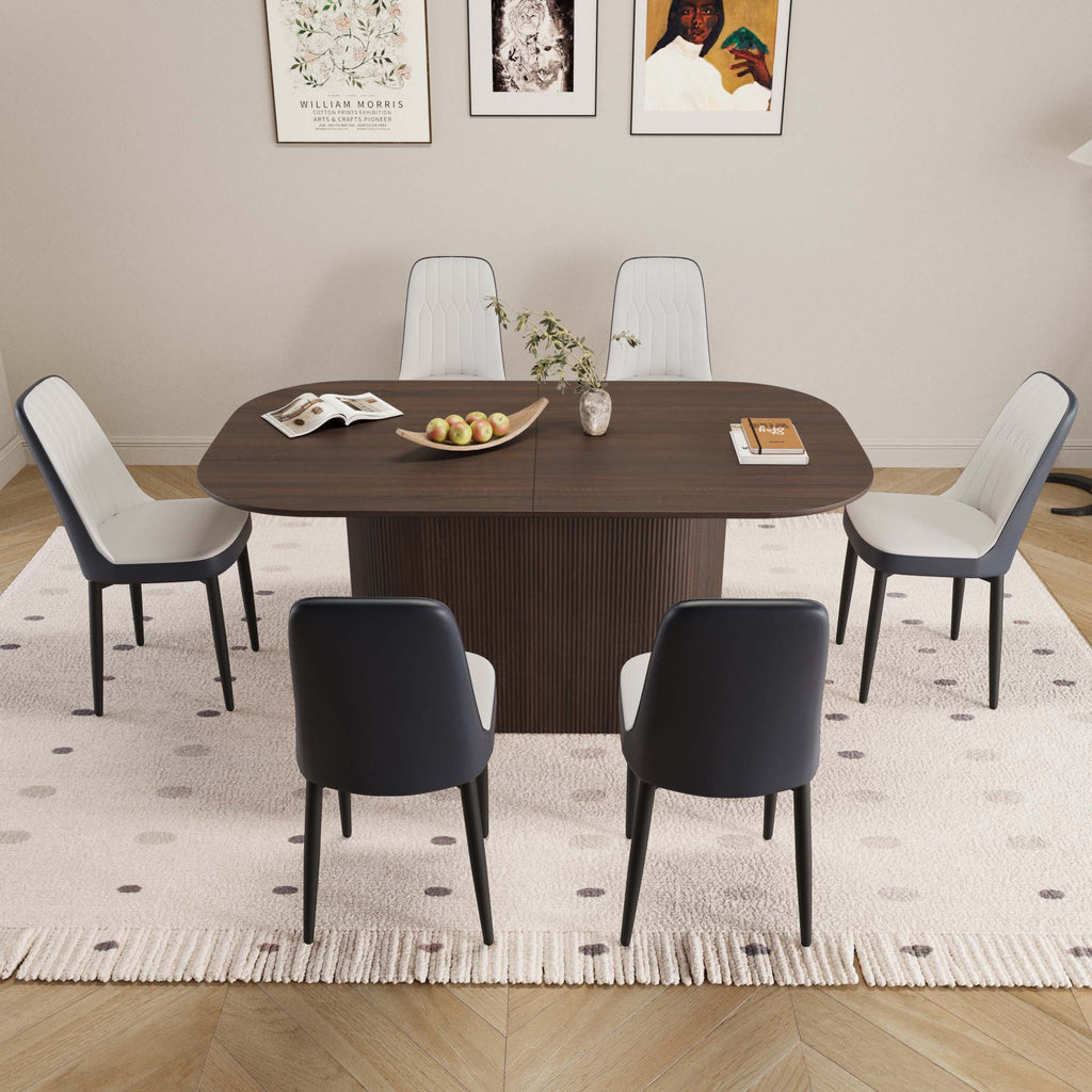63 'medieval modern brown style MDF dining table and PU dining chair set 6. Assemble Desktop and black metal leg dining chair set, suitable for home&kitchen