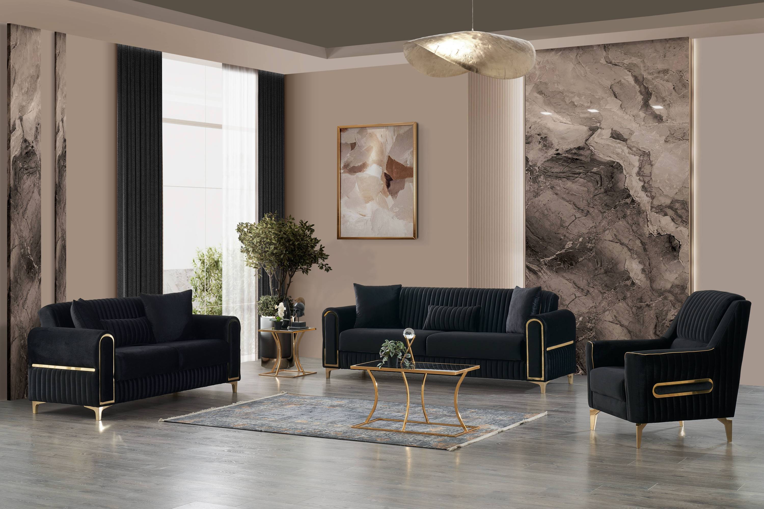 Melody Modern Contemporary Velvet Upholstered 3PC(Sofa + Loveseat + Chair) Sleeper Convertible made with wood and Iron in Black (CA INVENTORY)