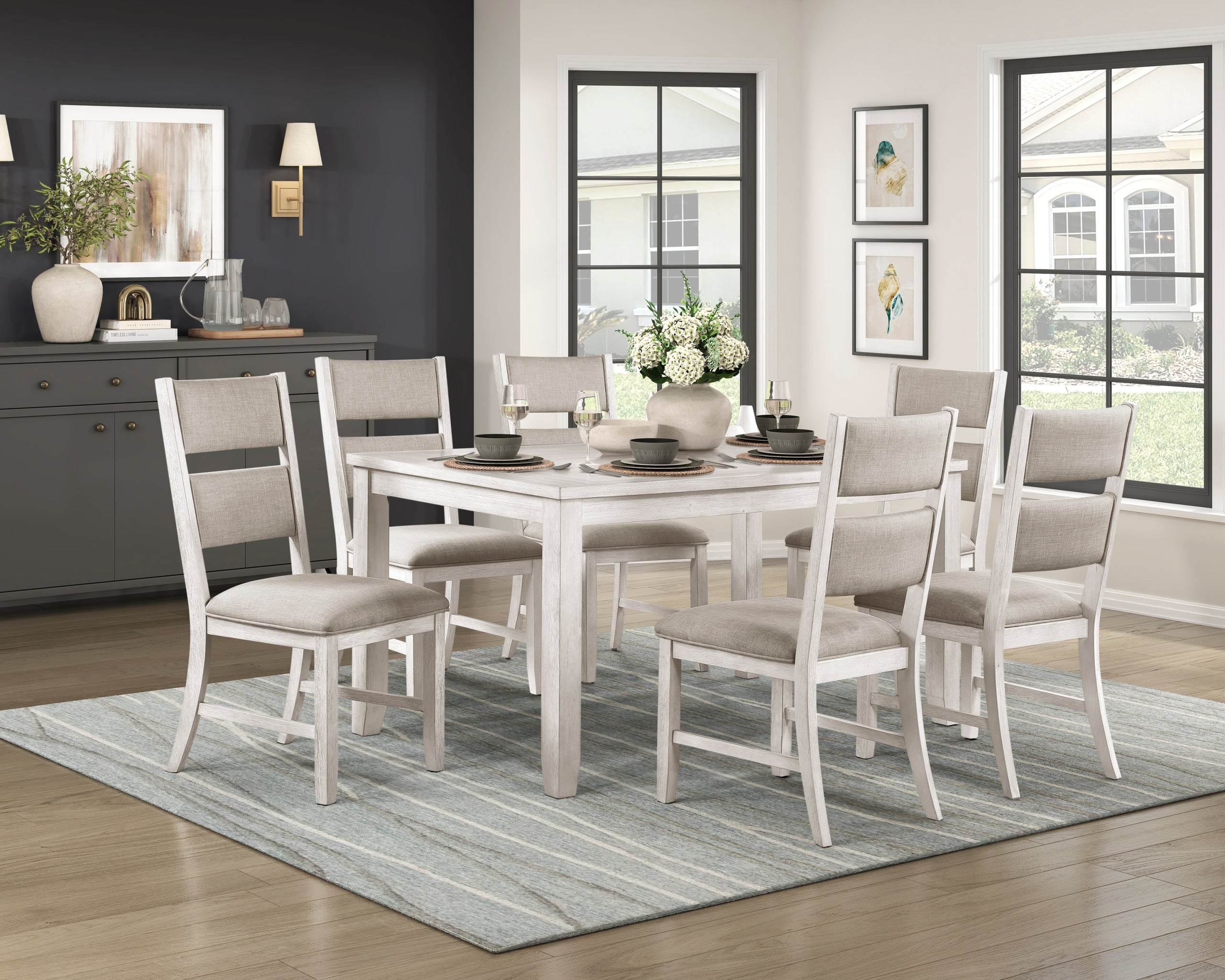Modern Farmhouse 7pc Dining Set Table and 6 Side Chairs Upholstered Antique White Finish Durable Wooden Furniture