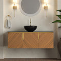 ARAI 48' Bathroom Vanity & Sink, Floating Plywood Bathroom Storage Cabinet with 3 Doors, Black Sintered Stone Countertop & Black Bowl Ceramic Basin with Stone Pattern, Brown Oak Woodgrain Color