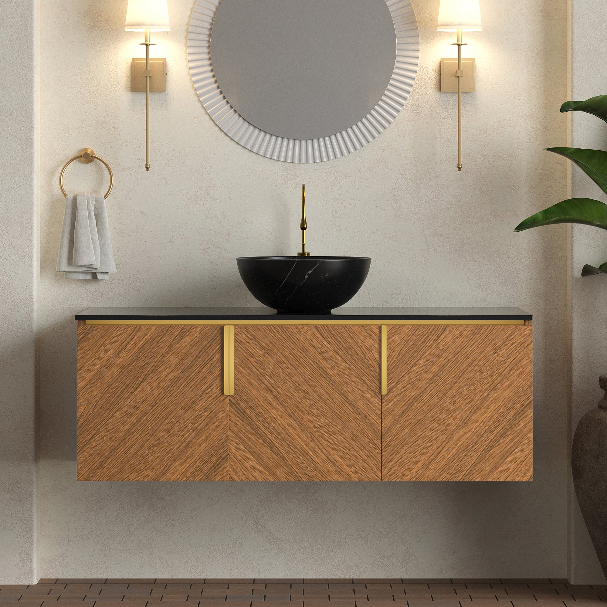 ARAI 48' Bathroom Vanity & Sink, Floating Plywood Bathroom Storage Cabinet with 3 Doors, Black Sintered Stone Countertop & Black Bowl Ceramic Basin with Stone Pattern, Brown Oak Woodgrain Color