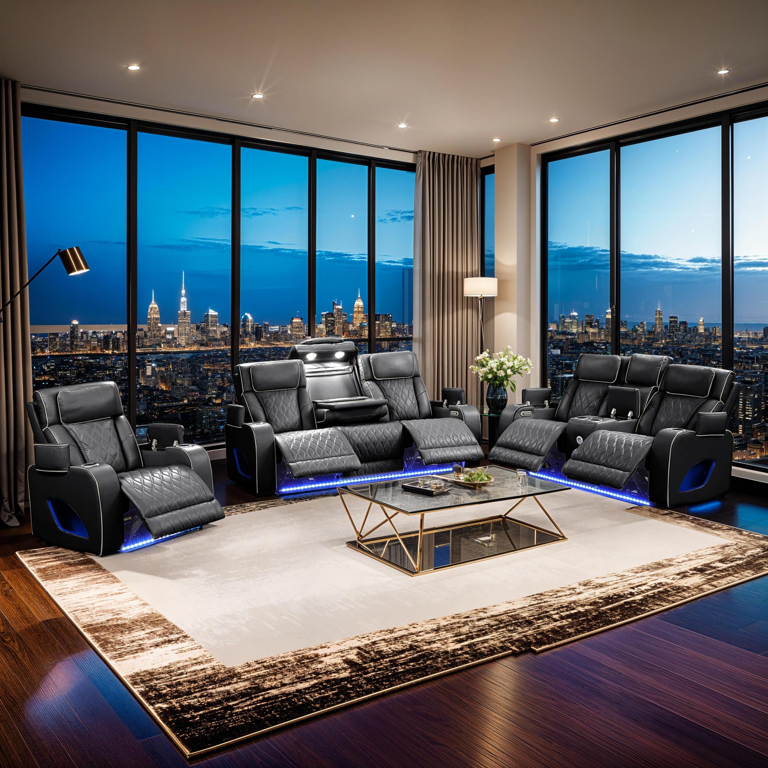 Fortuner Modern Style Upholstery Recliner 3PC Livingroom Set Made with Wood & Massage Function Included-Black (CA Inventory)