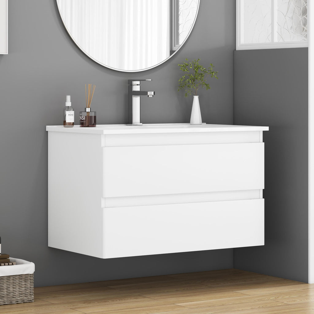 32-Inch Wall-Mounted Bathroom Vanity With Sink Combo, Double Drawers, Rounded Drawer Fronts,Soft-Close System,Ceramic Sink,No Handle Design,Solid Wood,Easy to Install,White