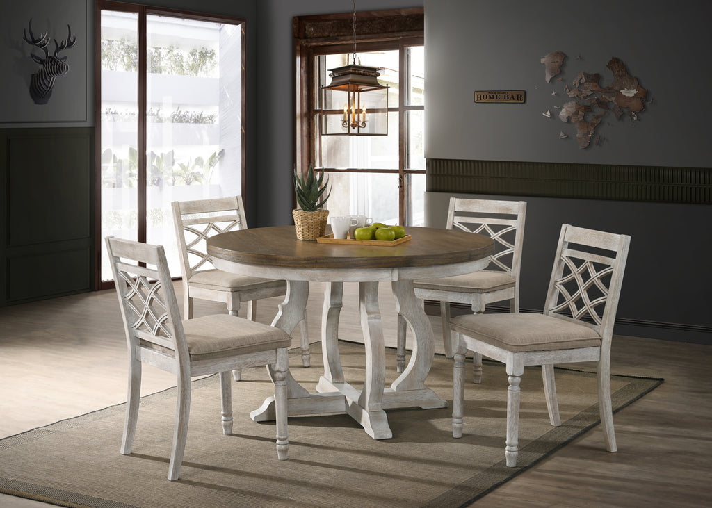 Havanna Vintage Walnut 5 Piece 47' Wide Contemporary Round Dining Table Set with Off White Fabric Chairs