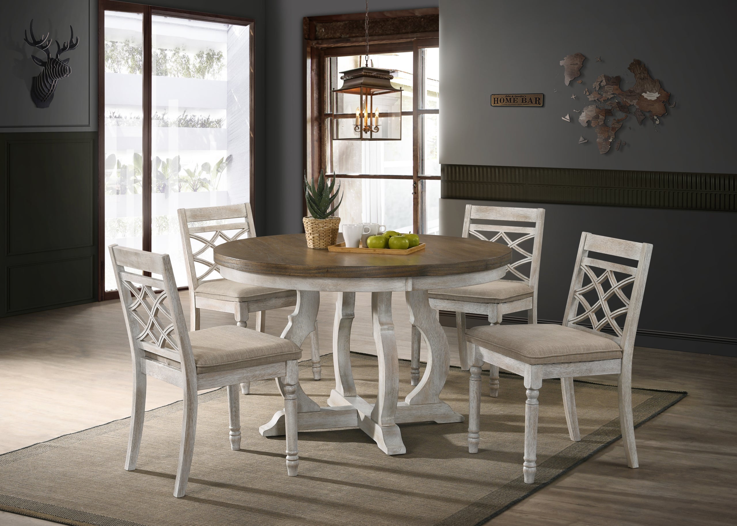 Havanna Vintage Walnut 5 Piece 47' Wide Contemporary Round Dining Table Set with Off White Fabric Chairs