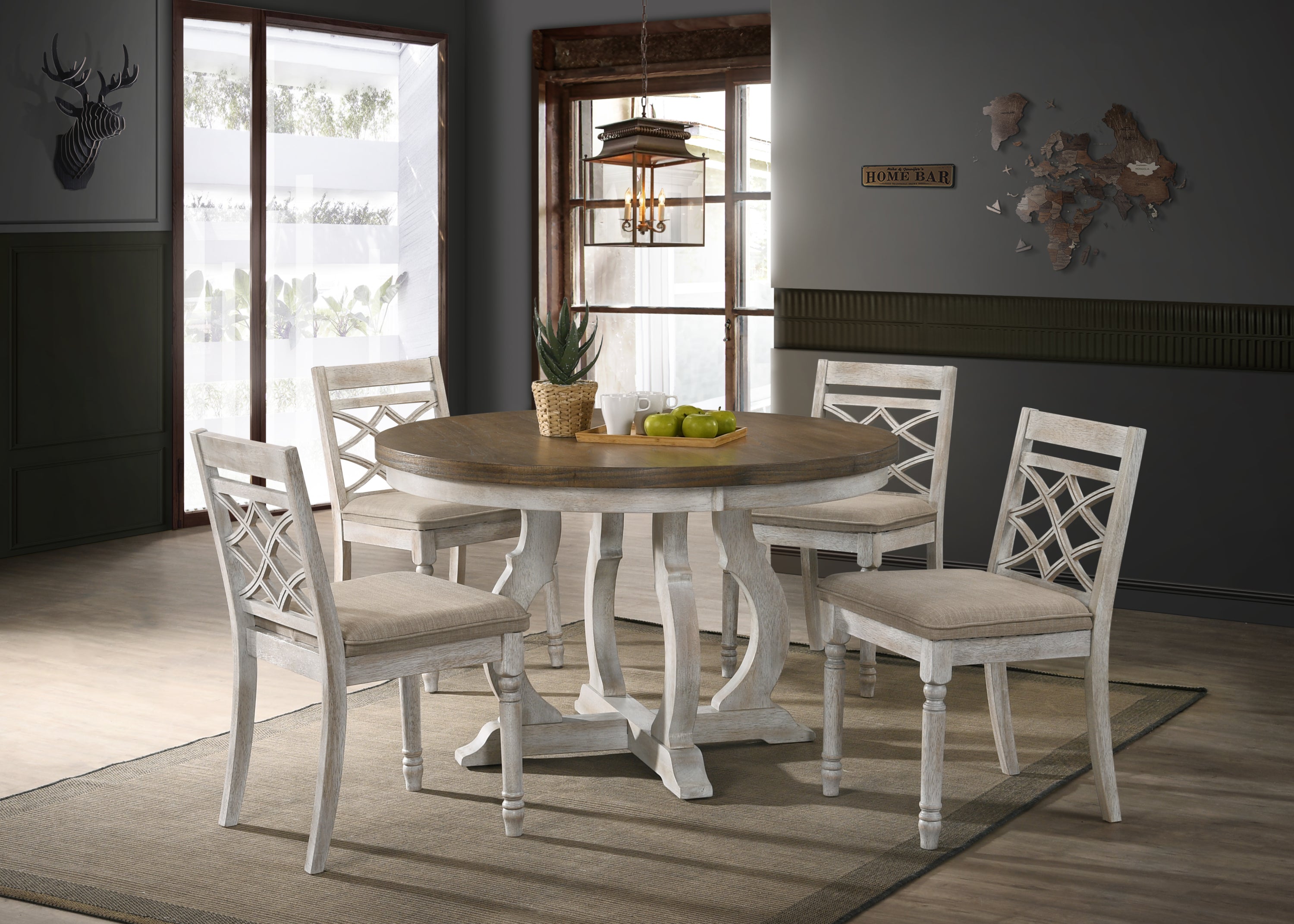 Havanna Vintage Walnut 5 Piece 47' Wide Contemporary Round Dining Table Set with Off White Fabric Chairs