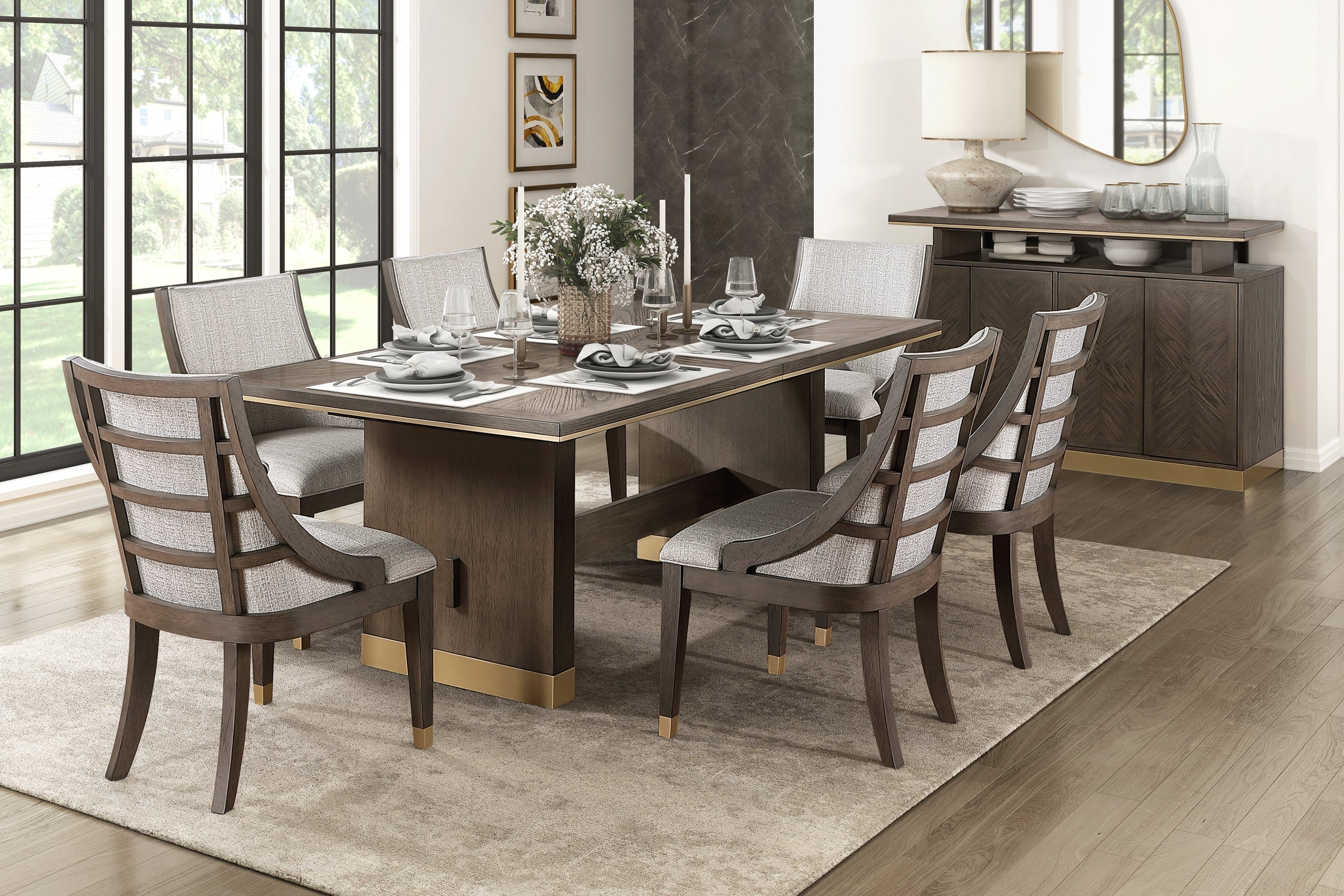 Modern Luxury Brown Finish 7pc Dining Set Extension Dining Table and 6x Armchairs Set Gold Tipping Upholstered Dining Kitchen Furniture