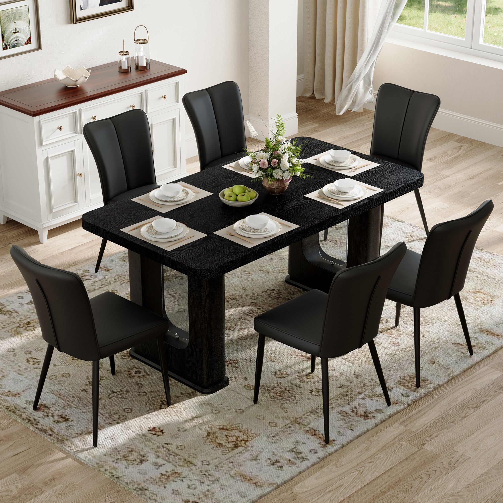 Table and chair set. 64.5 x 35.4 Inch Stylish Black Wood Color Textured Dining Table.Paired with 6 Black PU chairs with a vertical stripe design on the backrest and black metal legs.