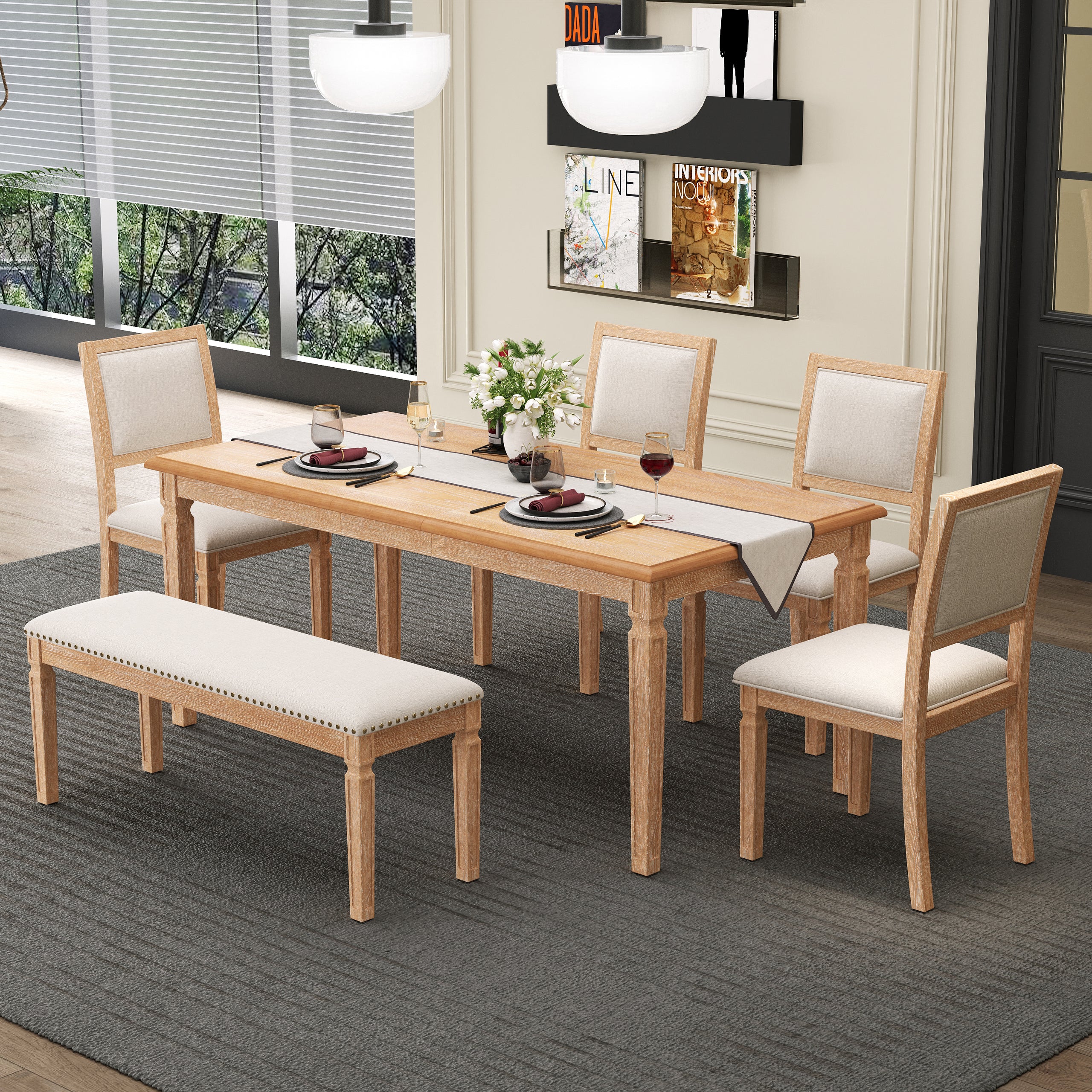 TREXM Vintage Extendable Dining Table Set for 6 with 4 Chairs & Bench, 59 to 72-Inch Rustic Farmhouse Kitchen Table Set with Distressed Finish and Retro Carved Legs (Natural Wood Wash)