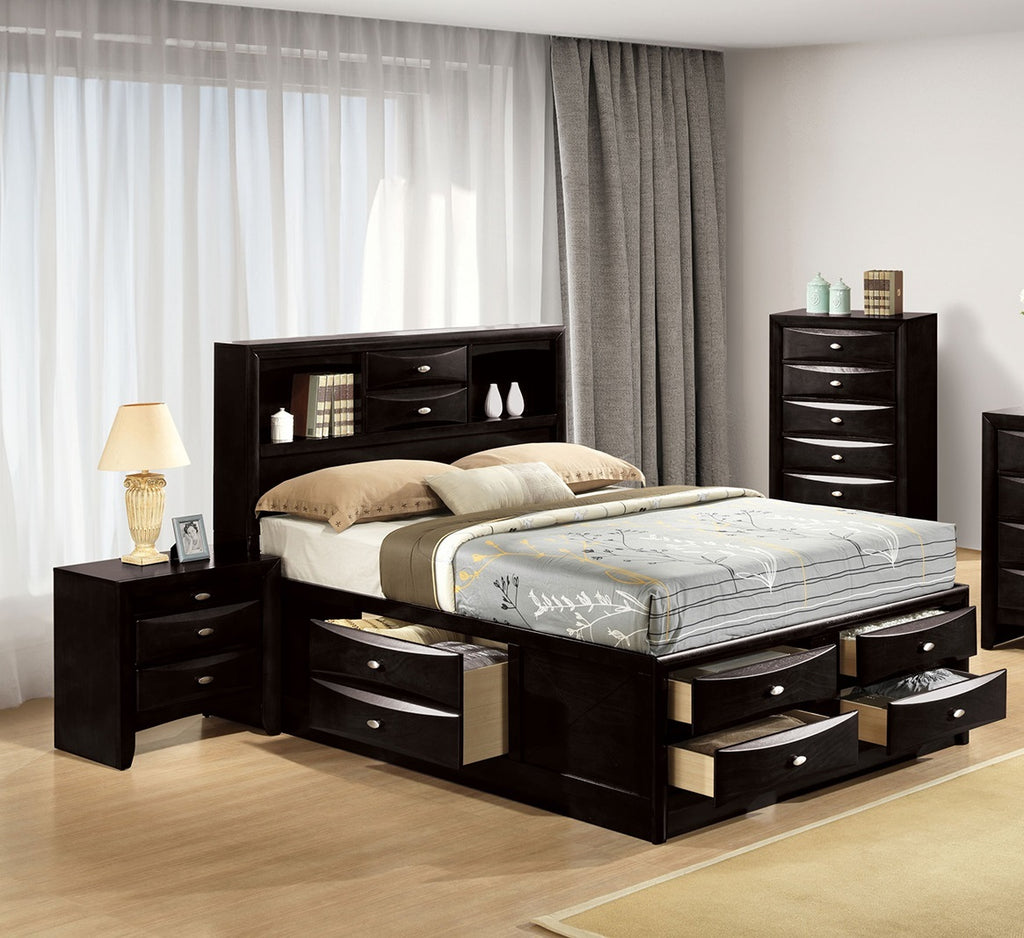Contemporary Full Size Bed 2x Nightstands Headboard Bookcase Black Color 3pc Set Bedroom Furniture