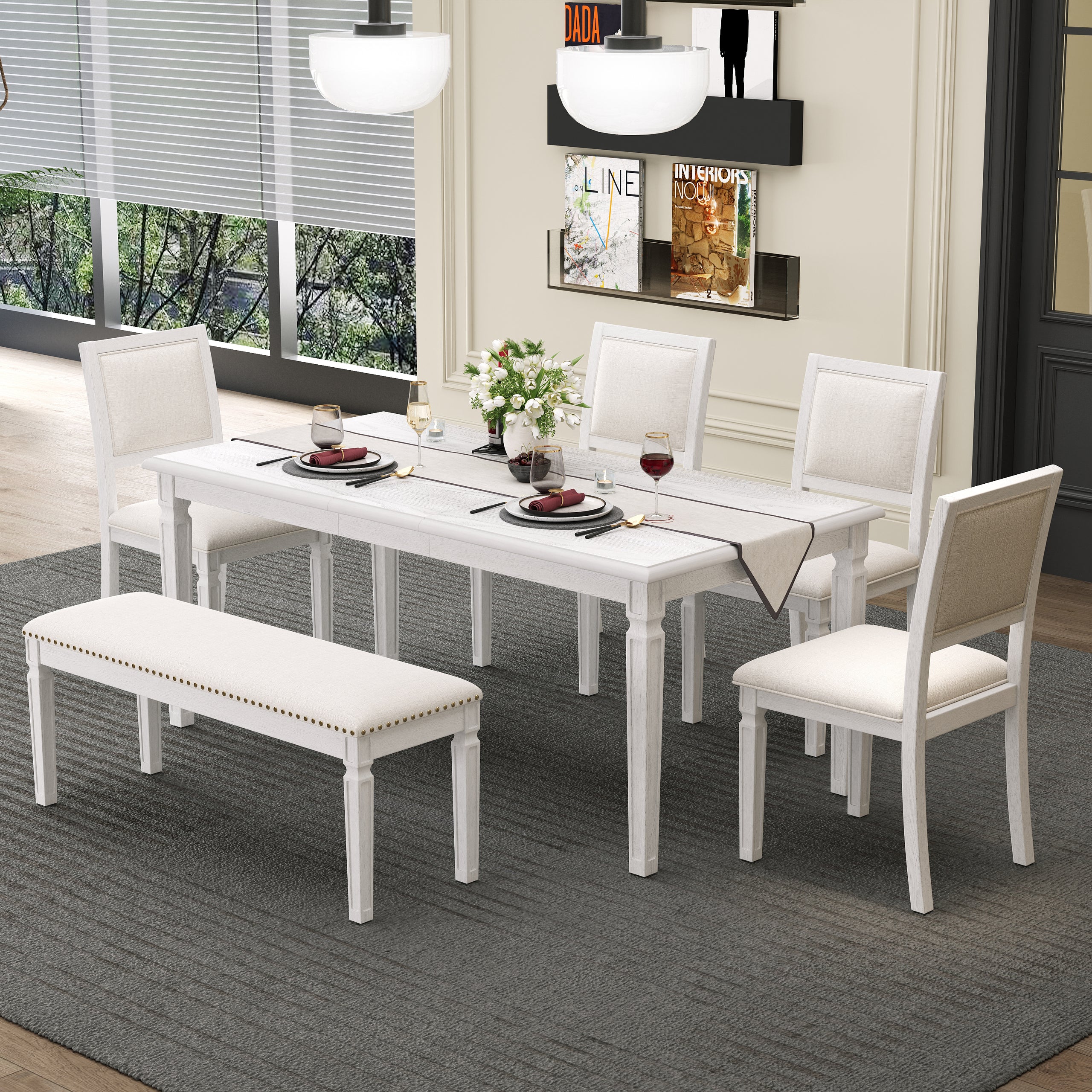 TREXM Vintage Extendable Dining Table Set for 6 with 4 Chairs & Bench, 59 to 72-Inch Rustic Farmhouse Kitchen Table Set with Distressed Finish and Retro Carved Legs (Washed White)