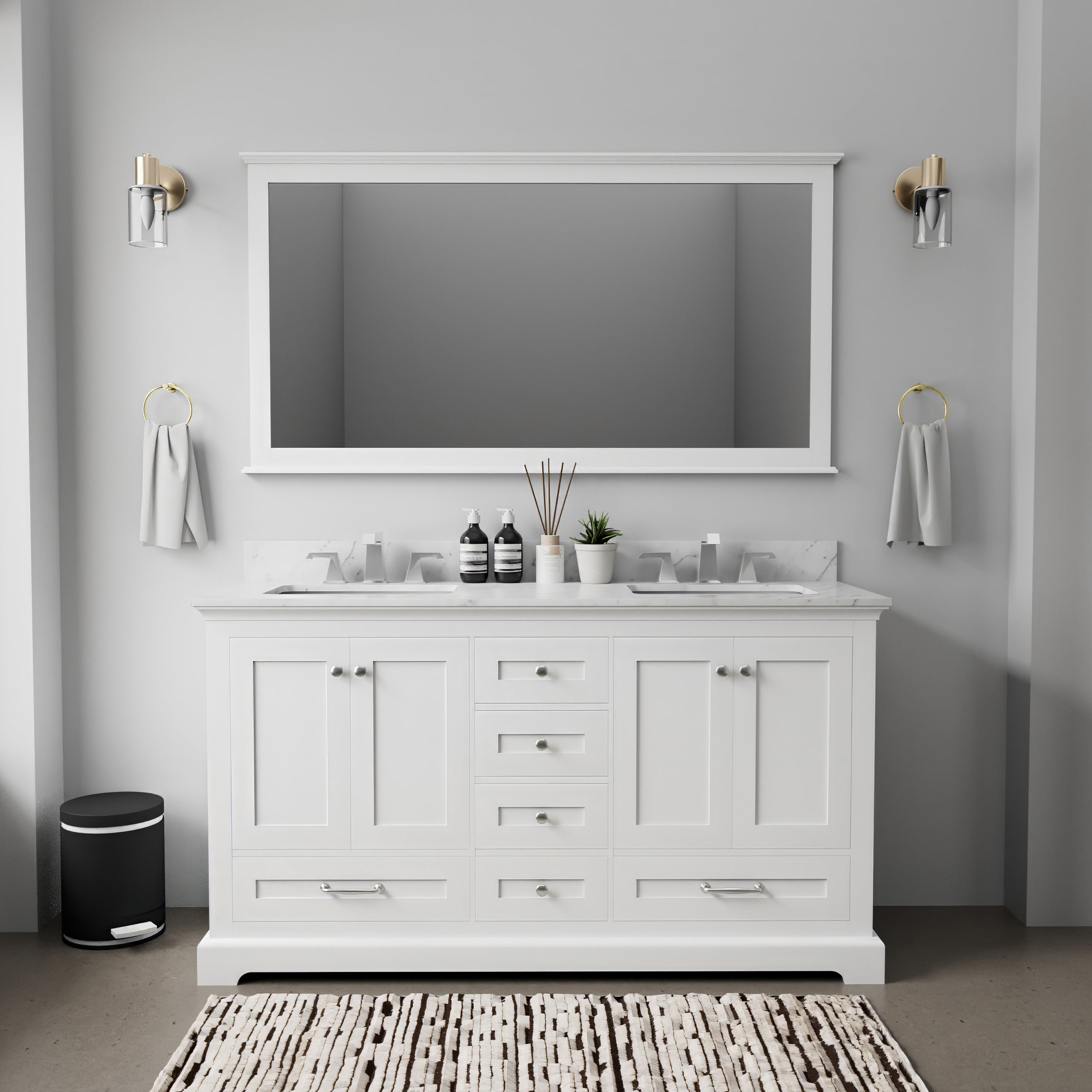 White Double Bath Vanity 60 in. W x 22 in. D, with Carrara Marble Top