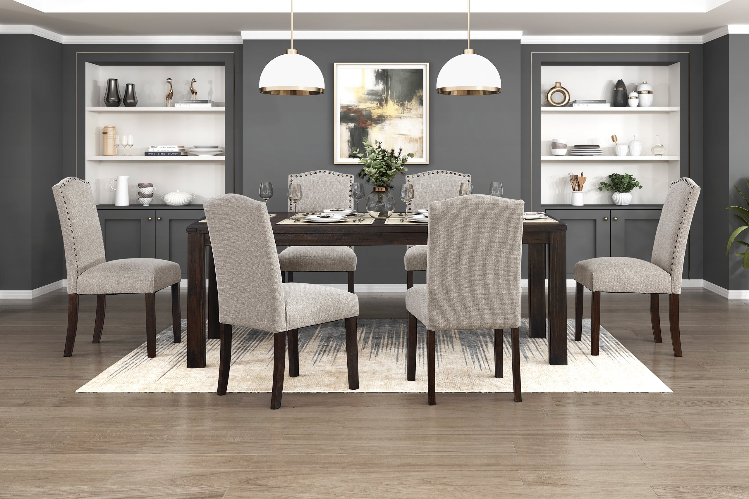 7pc Dining Set Dark Brown Finish Table and Taupe Fabric Upholstered 6x Side Chairs Wooden Modern Dining Kitchen Furniture