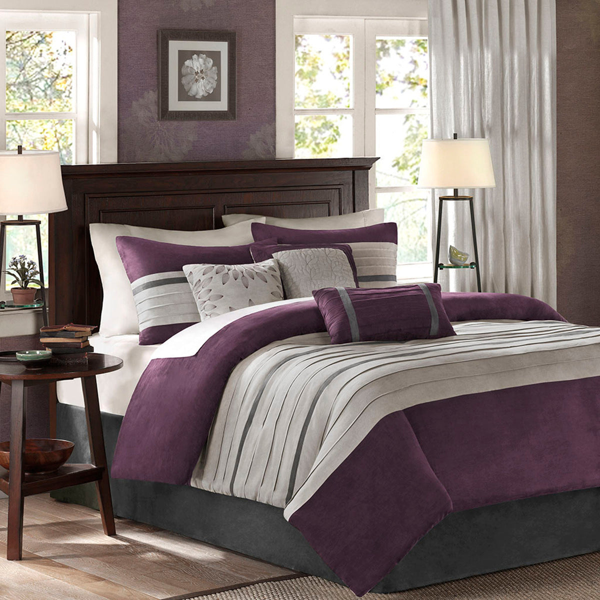 7 PC Pieced Faux Suede Comforter Set Purple Cal King