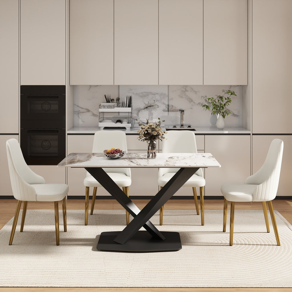 55.12' Modern Artificial Stone Pandora White Straight Edge Black Metal X-Leg Dining Table -6 People