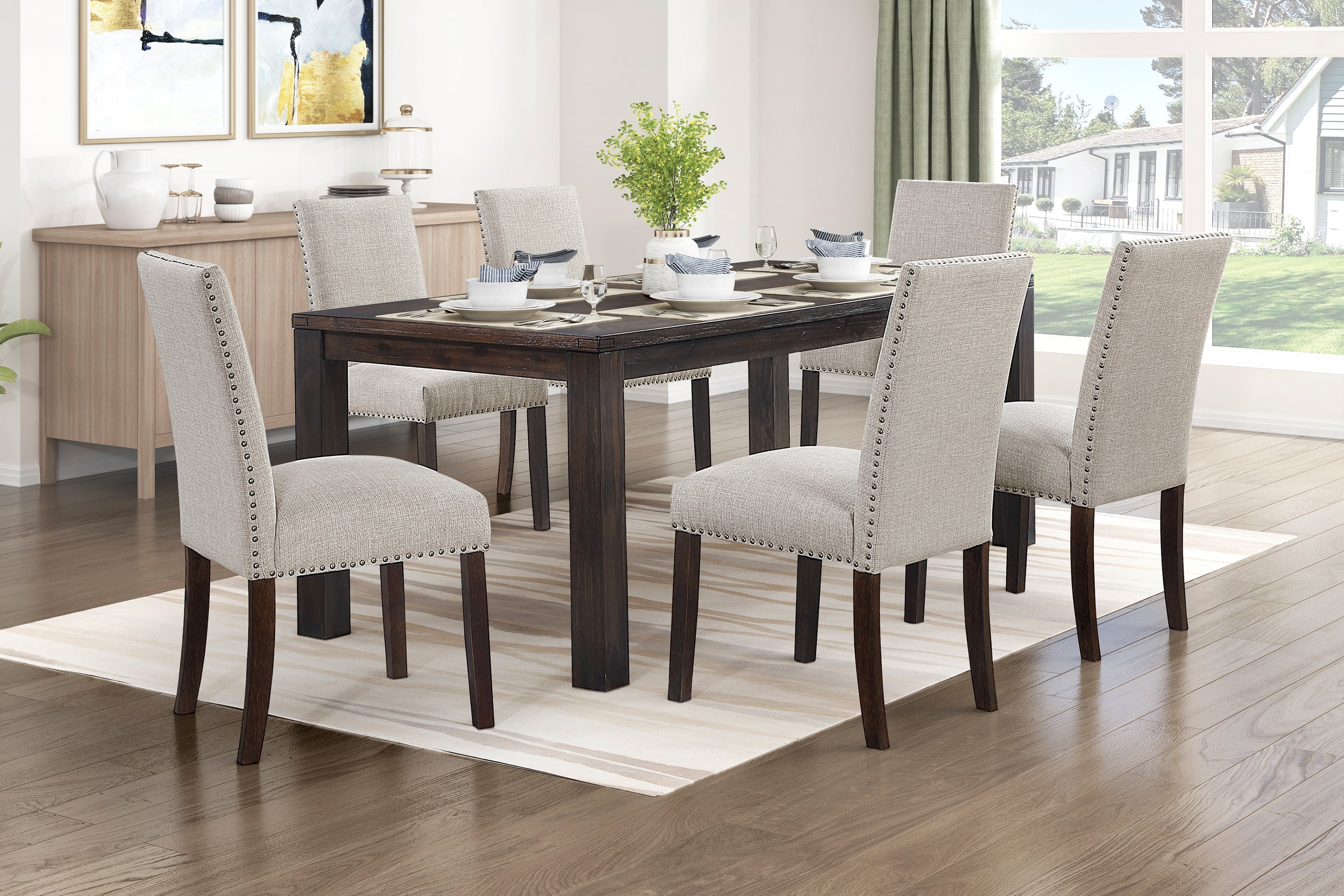 Classic 7pc Dining Set Dark Brown Finish Table and 6x Side Chairs Comfort Upholstery Taupe Dining Kitchen Furniture