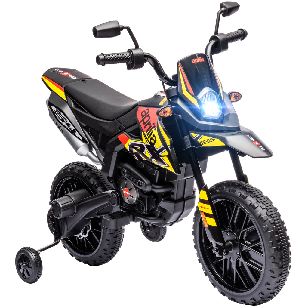 Qaba 12V Kids Motorcycle, Aprilia Licenced Electric Motorcycle for Kids with Training Wheels, Spring Suspension, LED Light, USB, Music, Battery Powered Electric Dirt Bike for Boys Girls, Yellow