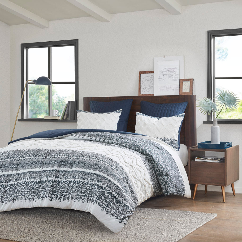 3 Piece Cotton Comforter Set with Chenille Tufting Navy Full/Queen