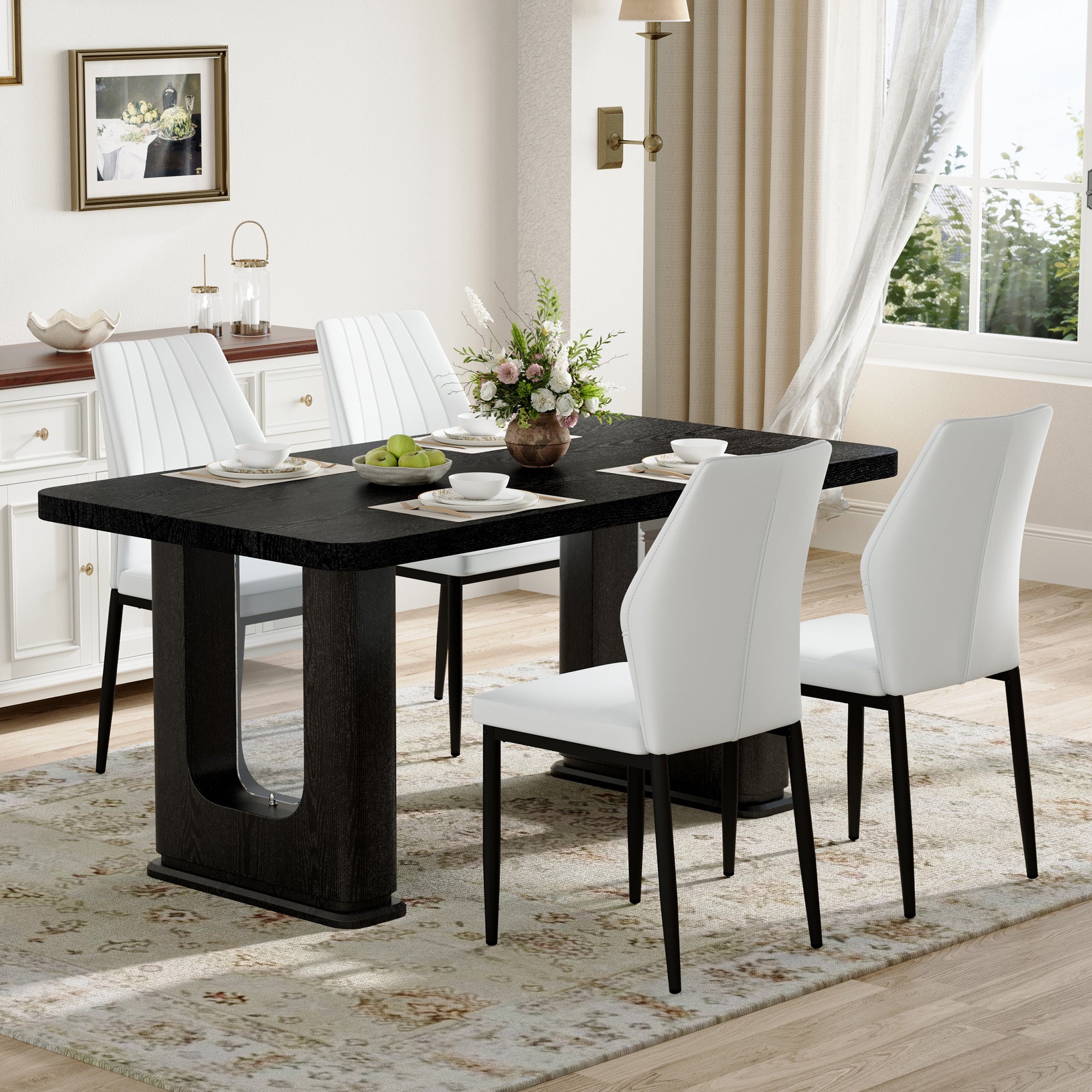 Table and chair set.64.5 x 35.4 Inch Stylish Black Wood Color Textured Dining Table.Paired with 4 Black - and - White PU Dining Chairs with Shell - pattern. Exudes A Strong Sense Of Fashion.
