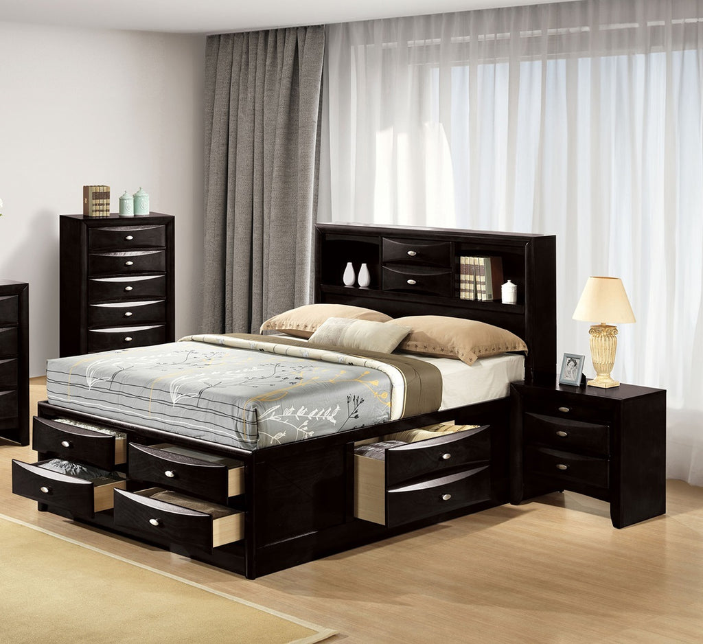 Contemporary Eastern King Size Bed 2x Nightstands Headboard Bookcase Black Color 3pc Set Bedroom Furniture