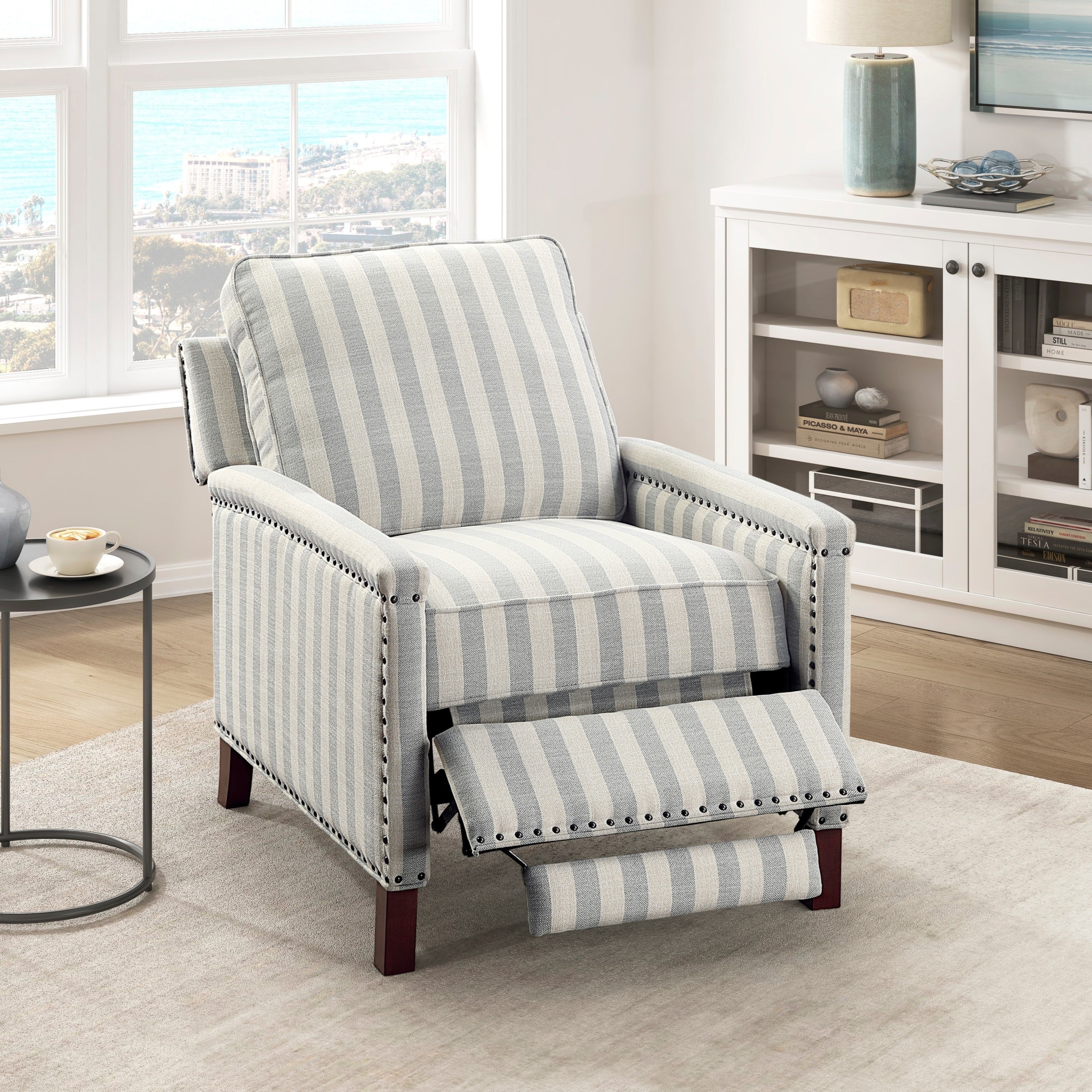 1pc Push Back Recliner Chair Stripe Pattern Fabric Upholstery Nailhead Trim Solid Wood Classic Traditional Living Room Furniture