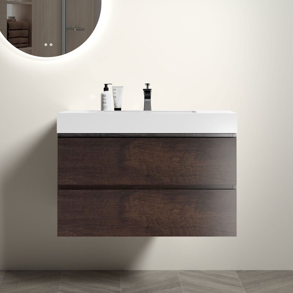 Alice 36' Walnut Bathroom Vanity with Sink, Large Storage Wall Mounted Floating Bathroom Vanity for Modern Bathroom, One-Piece White Sink Basin without Drain and Faucet, Pre-assembled