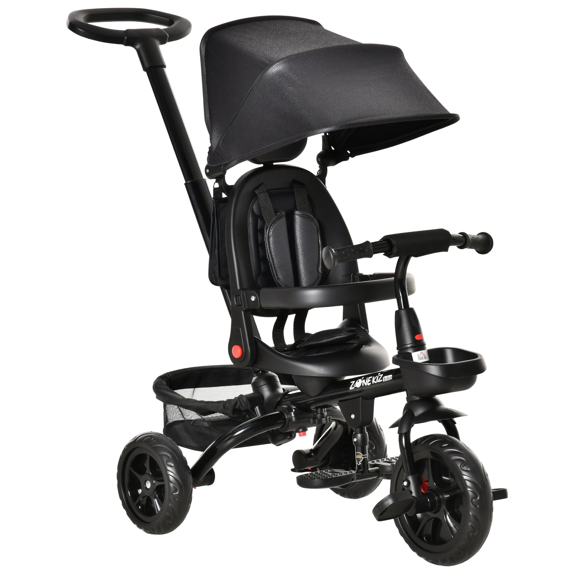 Qaba Kids Tricycle 4 in 1 Trike with Reversible Seat, 2.8'-3.1' Height Push Handle, Canopy, Handrail, Safety Belt, Storage Footrest Brake Clutch, for 1-5 Years Old, Black