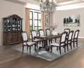 Formal 9pc Rectangular Dining Table 18' Extendable Leaf Side Chair Arm Chair Rich Dark Coffee Brown Finish Intricately Carved Double Pedestal Base Solid Wood Dining Set