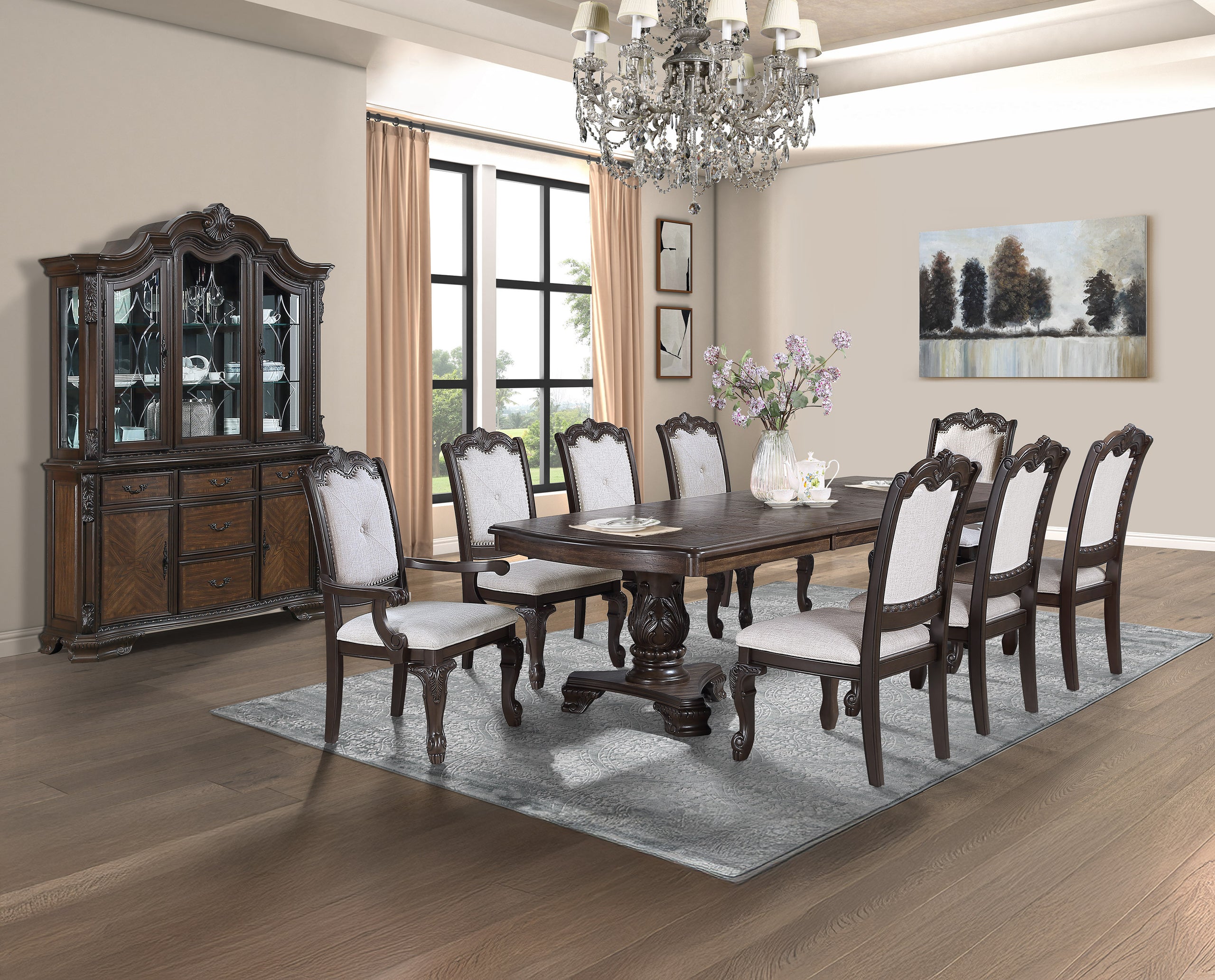 Formal 9pc Rectangular Dining Table 18' Extendable Leaf Side Chair Arm Chair Rich Dark Coffee Brown Finish Intricately Carved Double Pedestal Base Solid Wood Dining Set