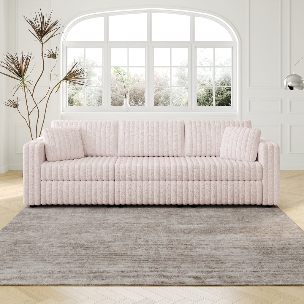 106.3' Soft  Modular 3-person Sofa - Highly Comfortable & Distinctive Design. Ideal for Bedroom & Living Room. Light Pink. Modern & Plush Furniture Choice.