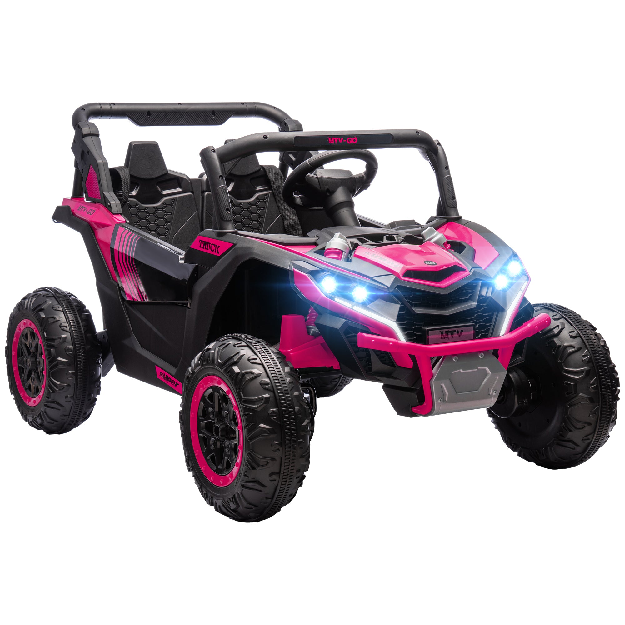 Qaba 24V 7AH Ride on UTV, 2 Seater 4MPH Kids Electric Car Ride on Battery Powered Toy with 4 Shock Absorbers, Music Horn and LED Lights, for Toddlers 3-8 Years, Pink