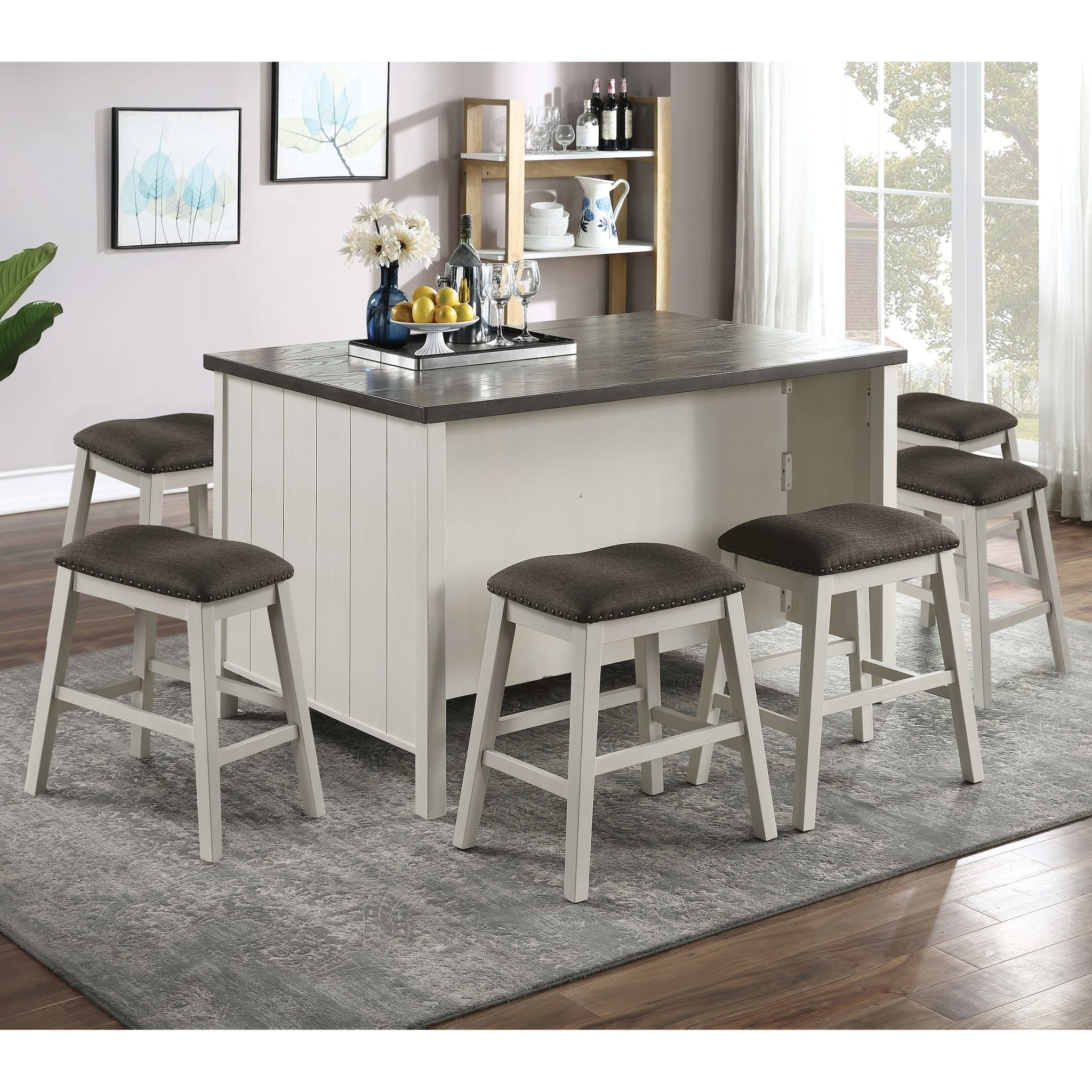 Transitional Style 7pc Counter Height Dining Set Off White And Gray Dining Table 6x Stools Storage Shelve Table Base Dining Room