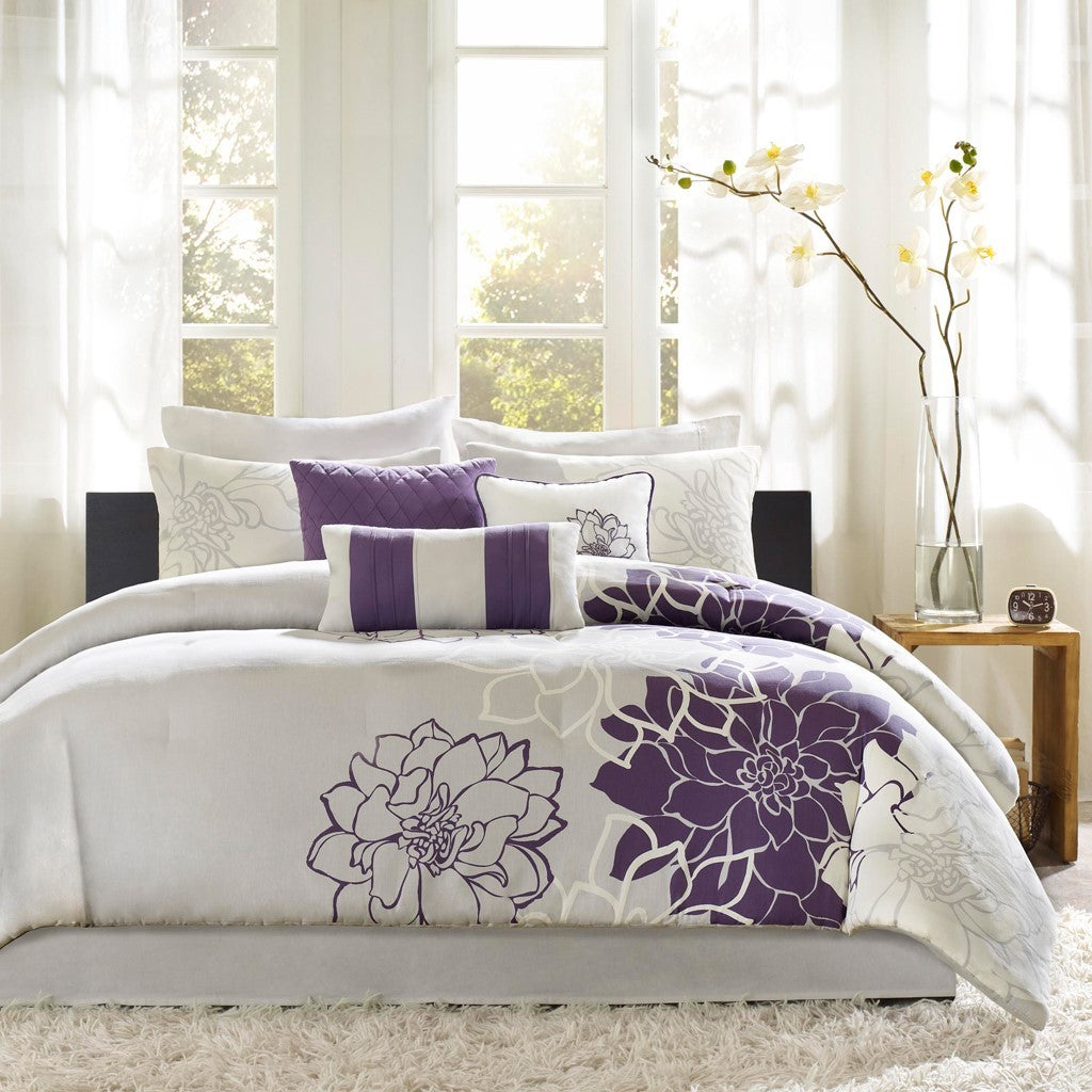 Printed Cotton Sateen Comforter Set Taupe Grey/Purple King