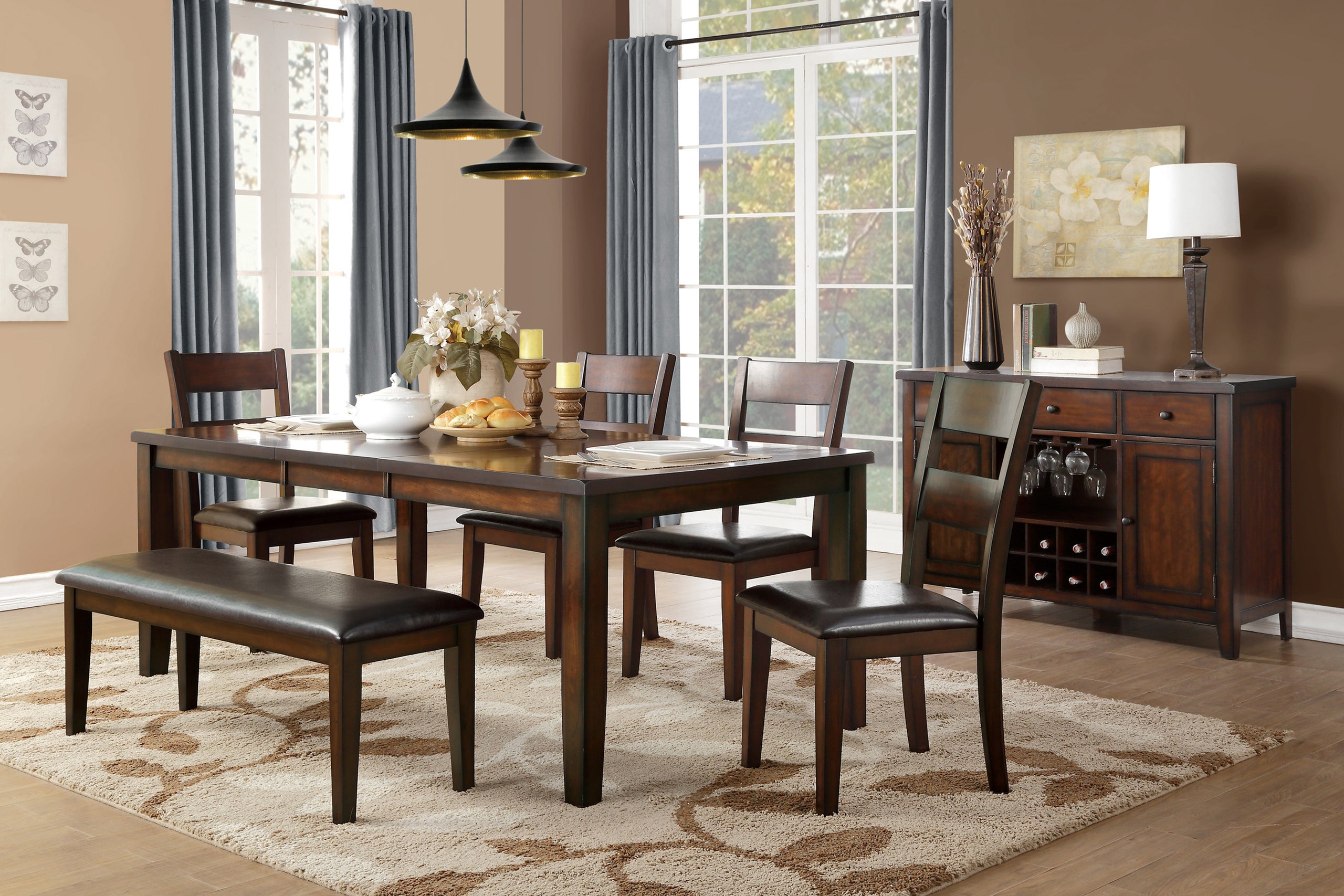 Cherry Finish Classic 6pc Dining Set Wooden Table w Draw Leaf Bench and 4 Side Chairs Faux Leather Upholstered Durable Furniture Transitional Style Ladder Back