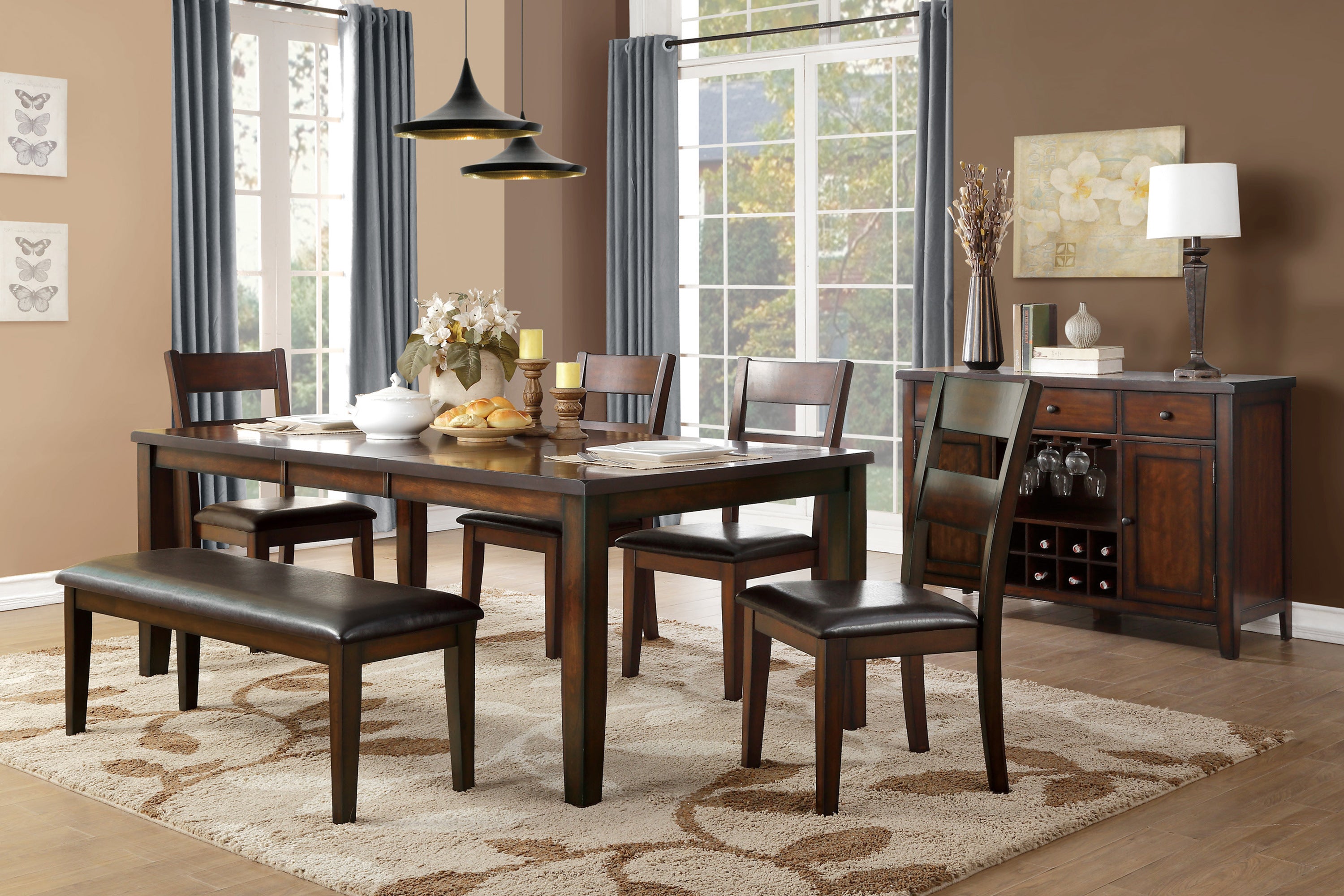 Cherry Finish Classic 6pc Dining Set Wooden Table w Draw Leaf Bench and 4 Side Chairs Faux Leather Upholstered Durable Furniture Transitional Style Ladder Back