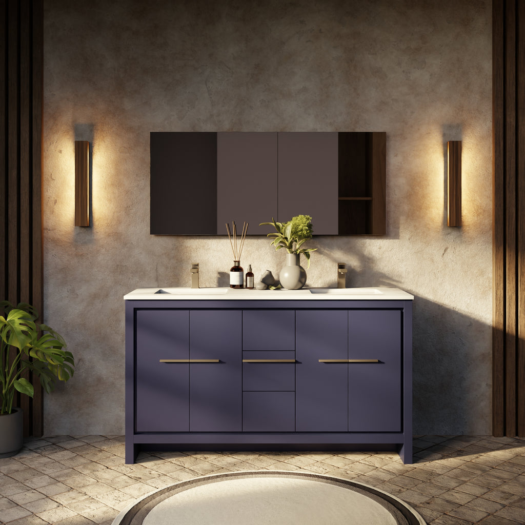 Navy Blue Double Bath Vanity 60 in. W x 20 in. D, White Quartz Top, Gun Metal Faucet Set and 55 in. Mirror